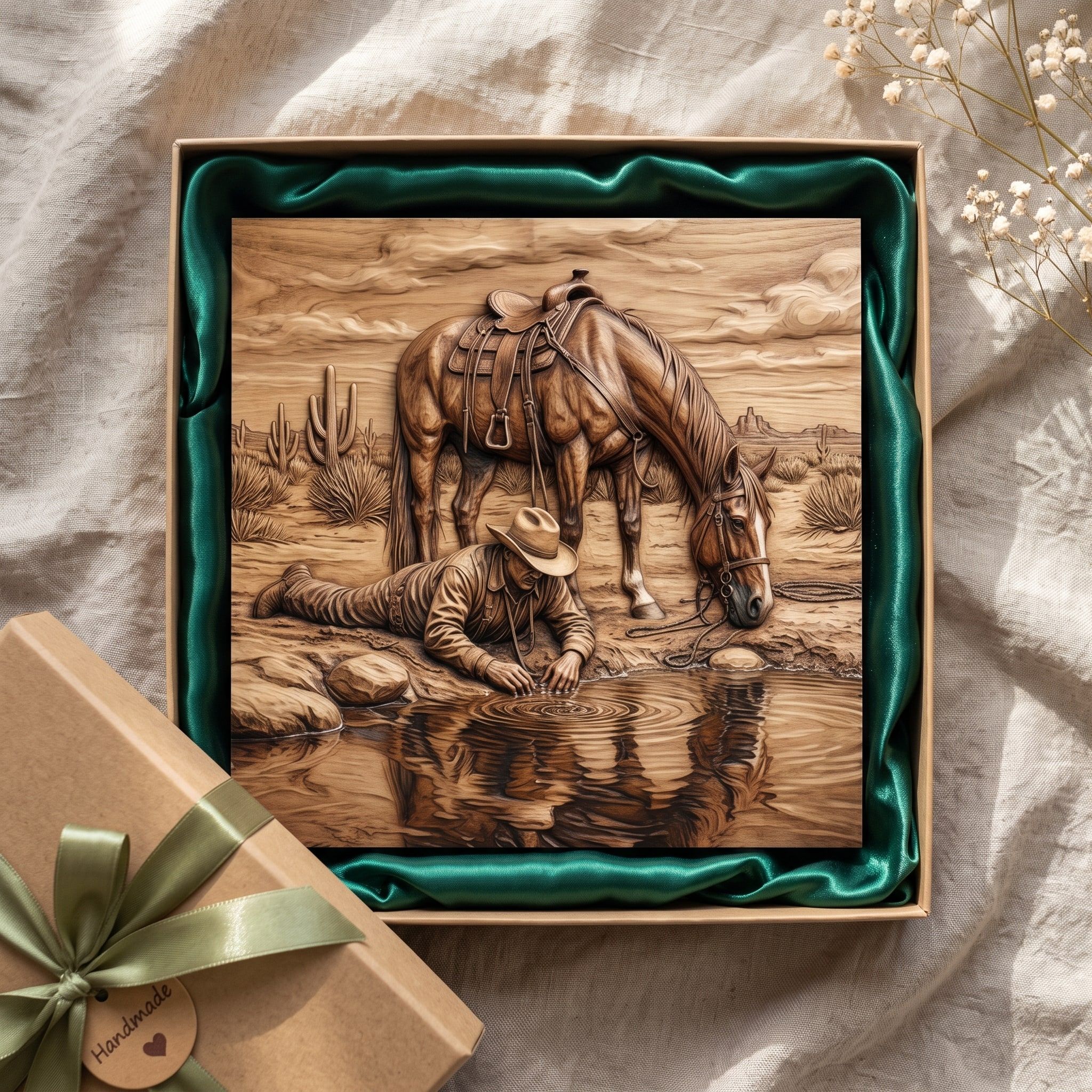 Cowboy Drinking at the Desert Water Hole Relief STL bas-relief STL — view 2