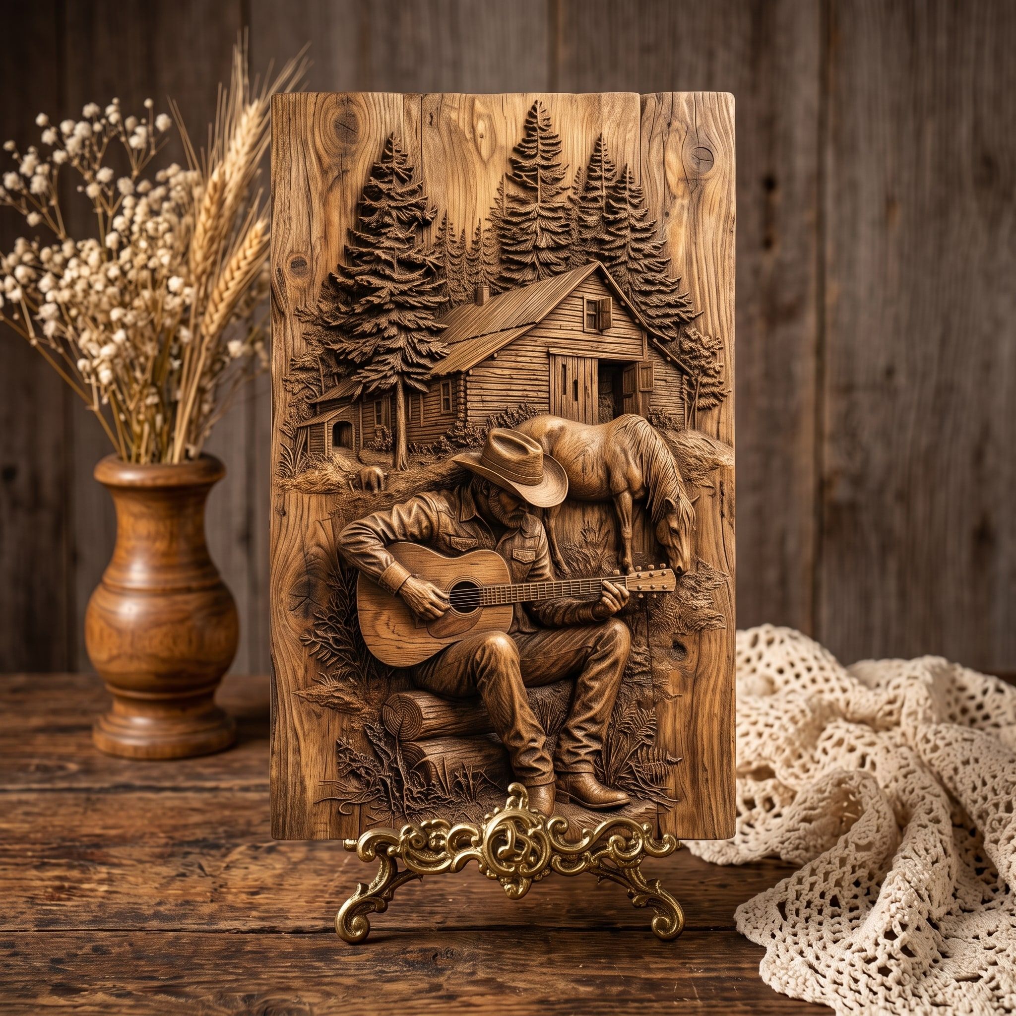 Cowboy Playing Guitar by the Cabin Bas-Relief STL Scene bas-relief STL — view 3