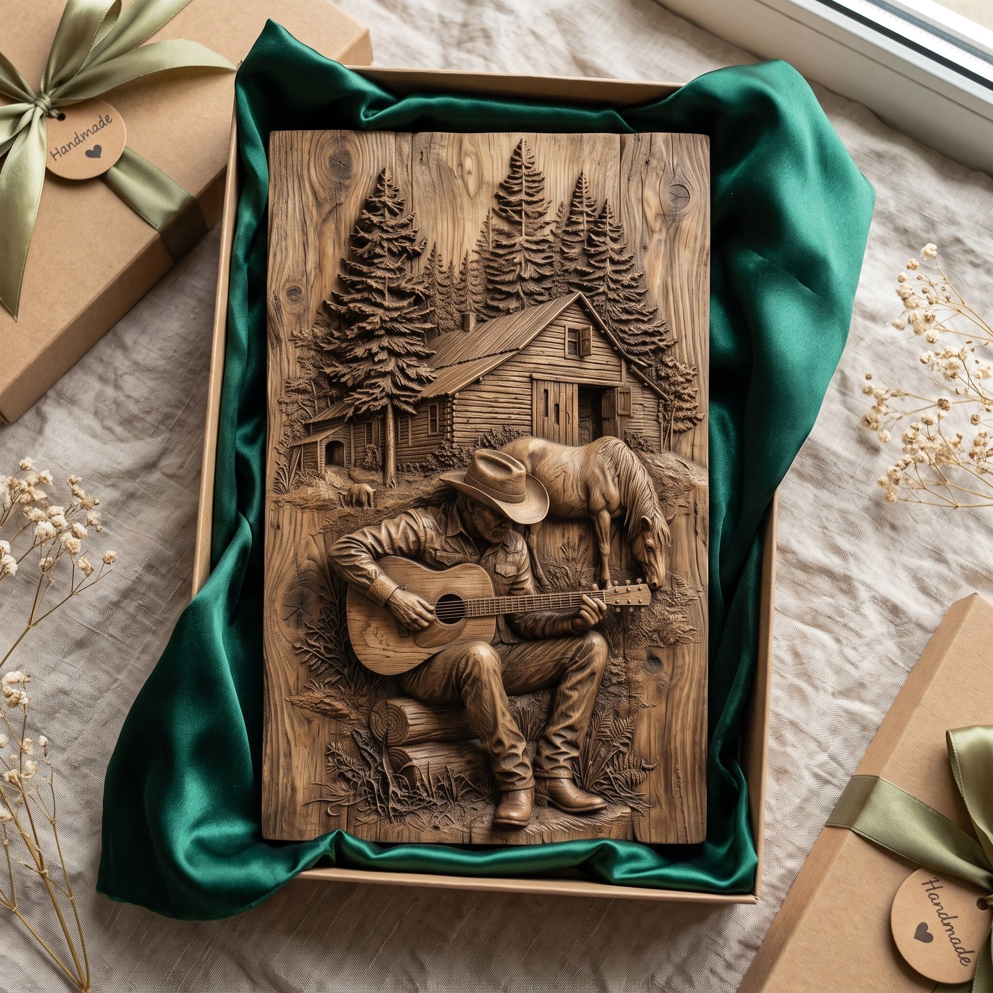 Cowboy Playing Guitar by the Cabin Bas-Relief STL Scene bas-relief STL — view 2