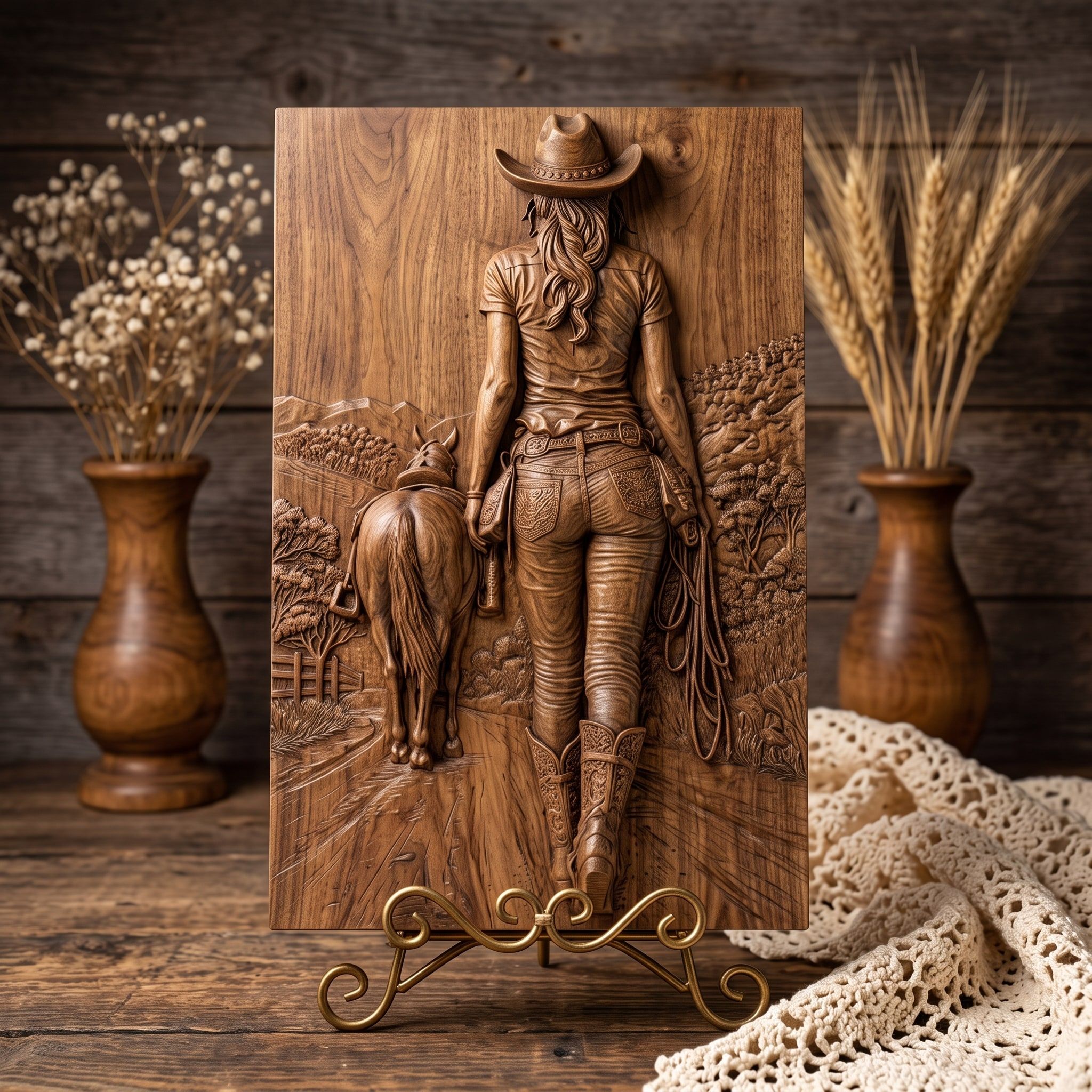 Cowgirl Leading Her Horse Down the Trail Bas-Relief STL bas-relief STL — view 3