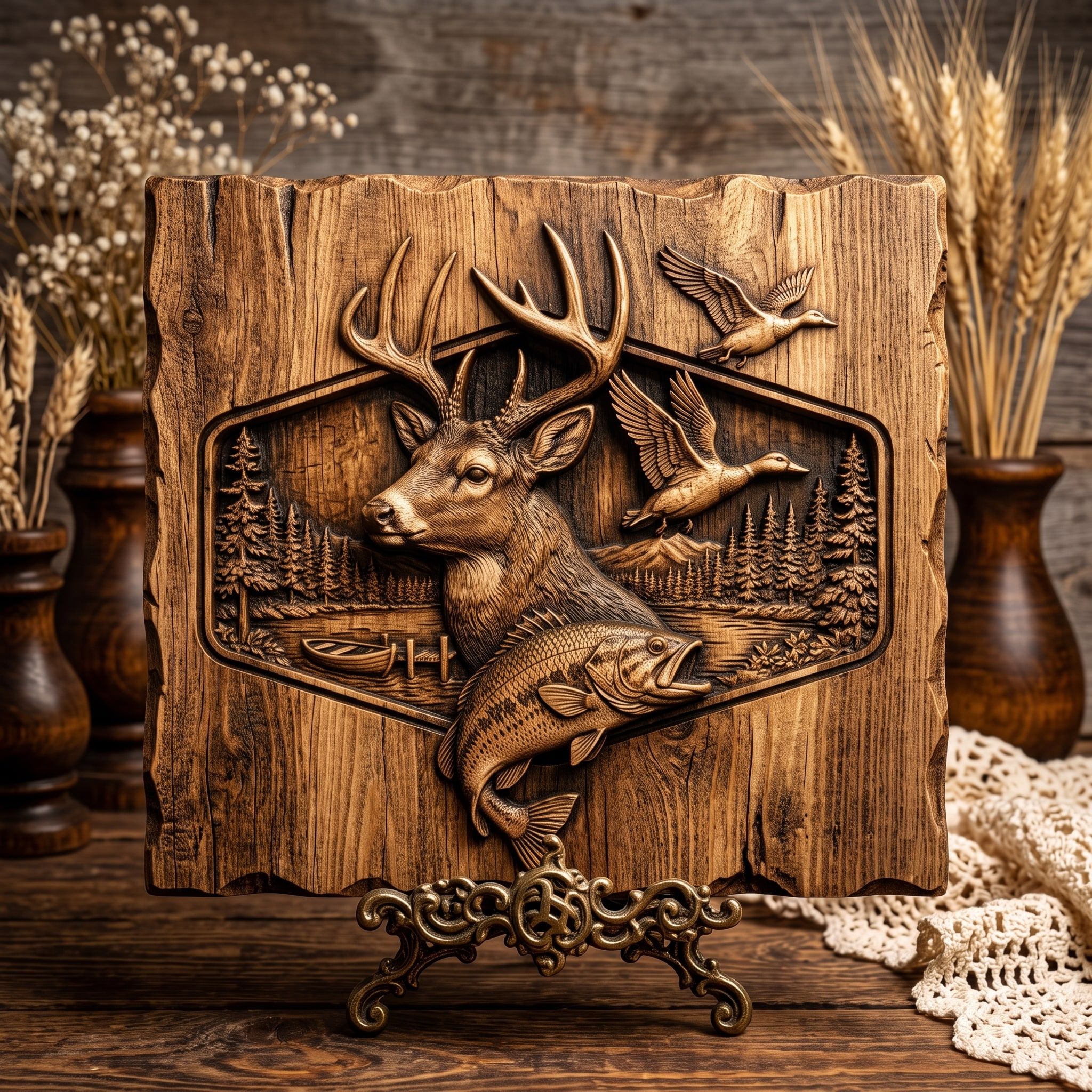 Buck, Ducks and Trout Sportsman Scene Bas-Relief STL bas-relief STL — view 3