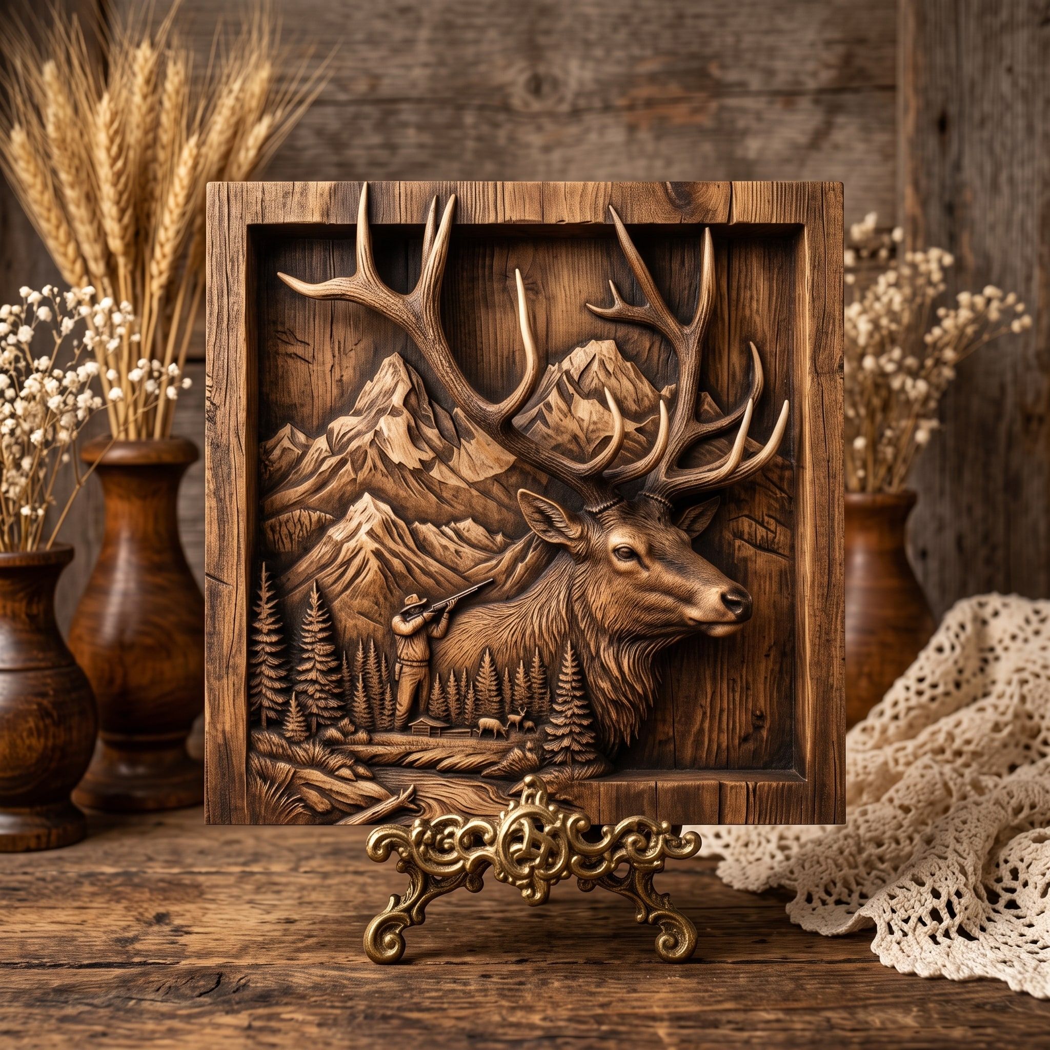 Bull Elk and Mountain Hunter Scene 3D Relief STL Carving File bas-relief STL — view 3