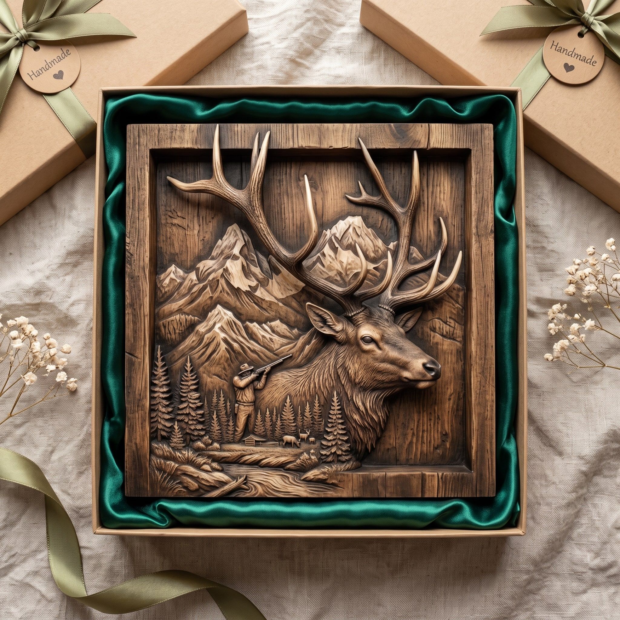Bull Elk and Mountain Hunter Scene 3D Relief STL Carving File bas-relief STL — view 2