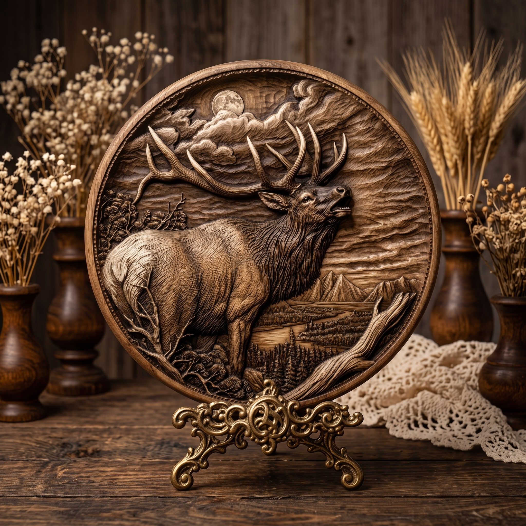 Bugling Bull Elk Round Relief STL with Moonlit Mountain Scene bas-relief STL — view 3