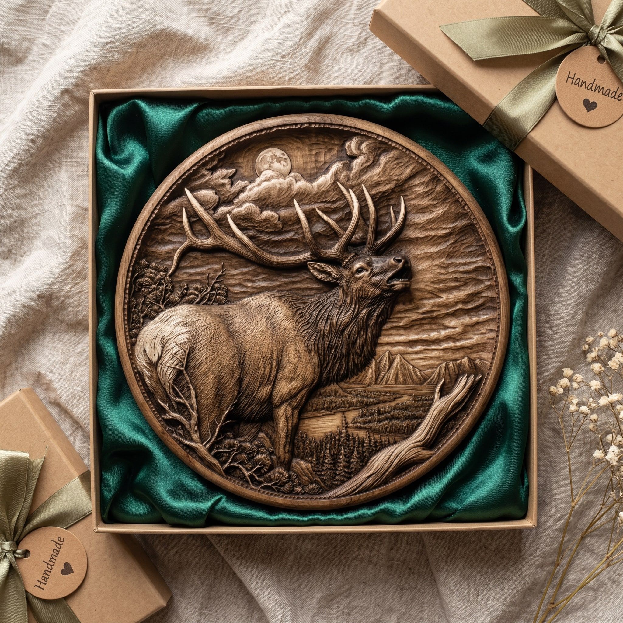 Bugling Bull Elk Round Relief STL with Moonlit Mountain Scene bas-relief STL — view 2