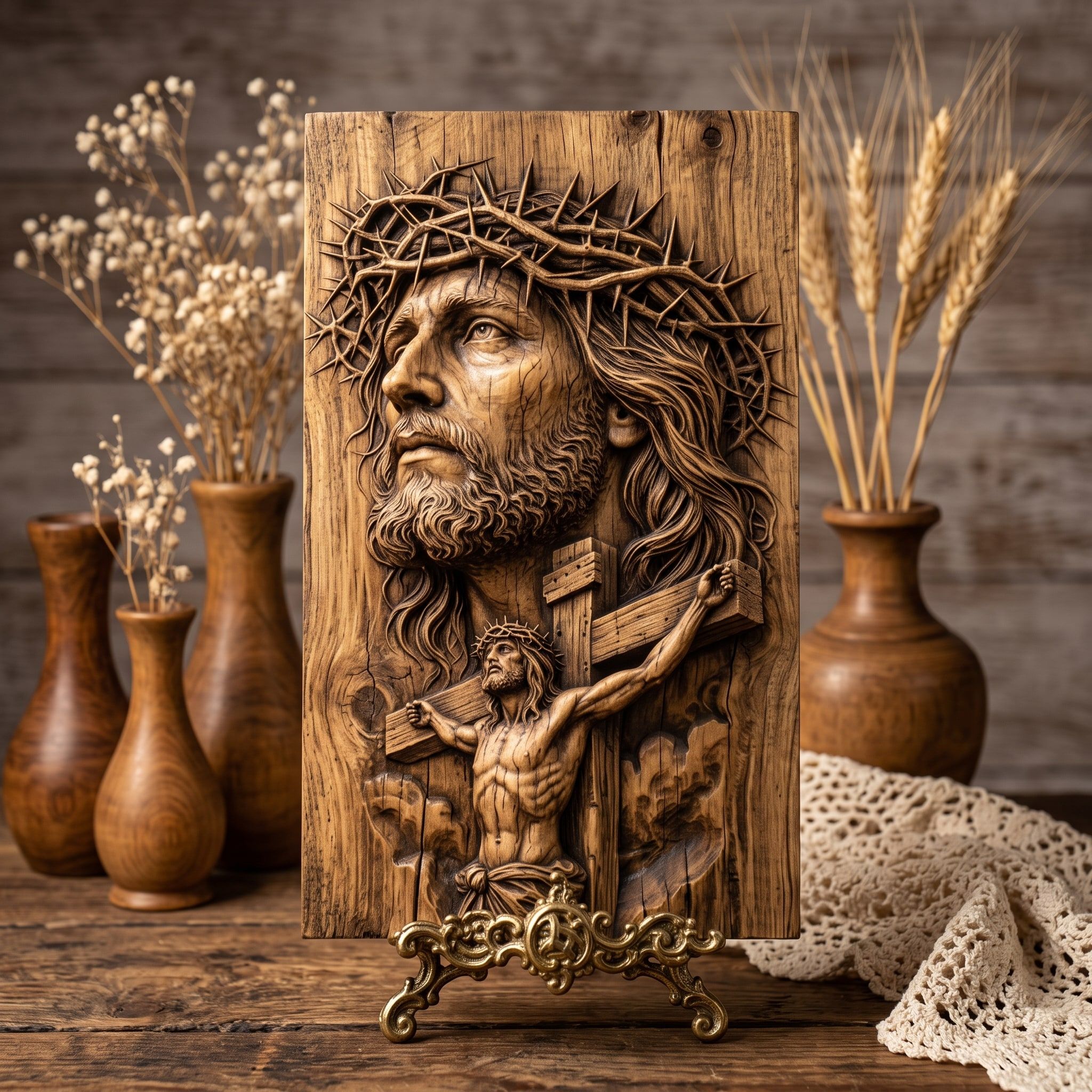 Face of Christ and Crucifixion Bas-Relief STL with Crown of Thorns bas-relief STL — view 3