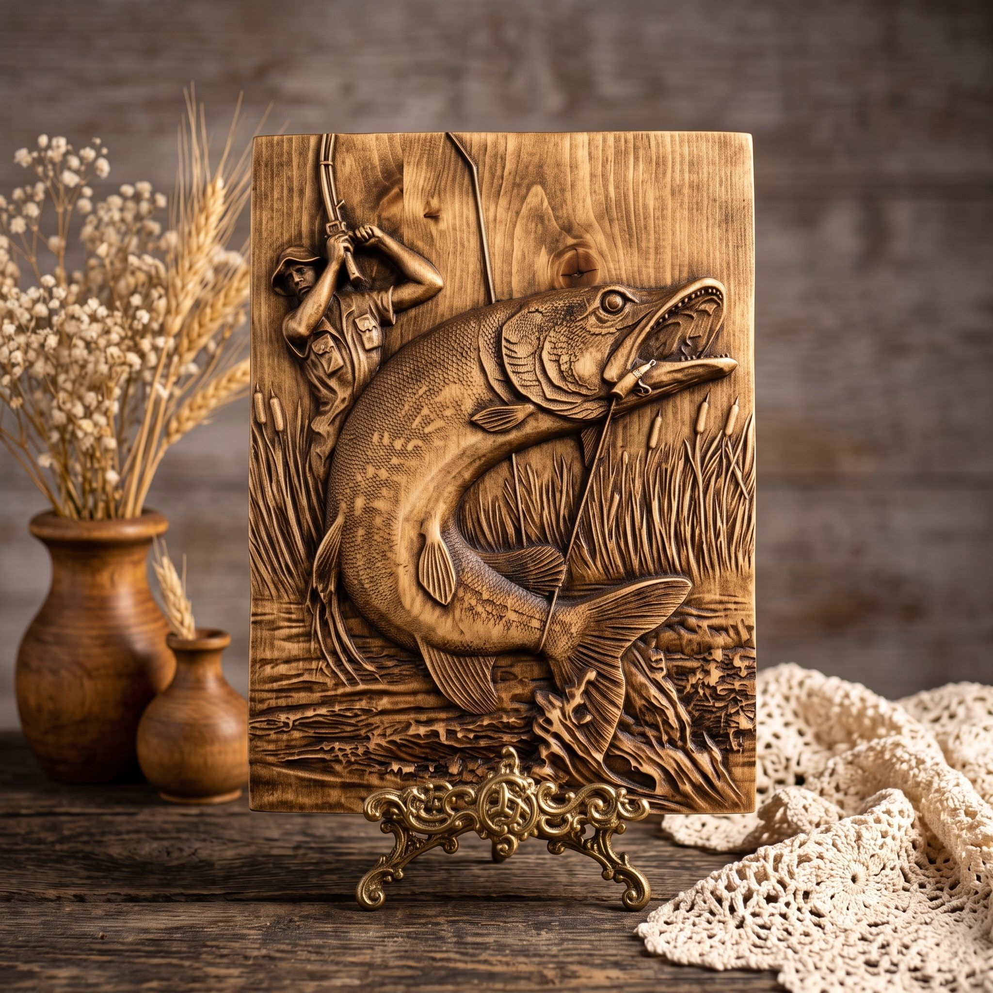 Fisherman Battling a Leaping Muskie 3D Relief STL bas-relief STL — view 3