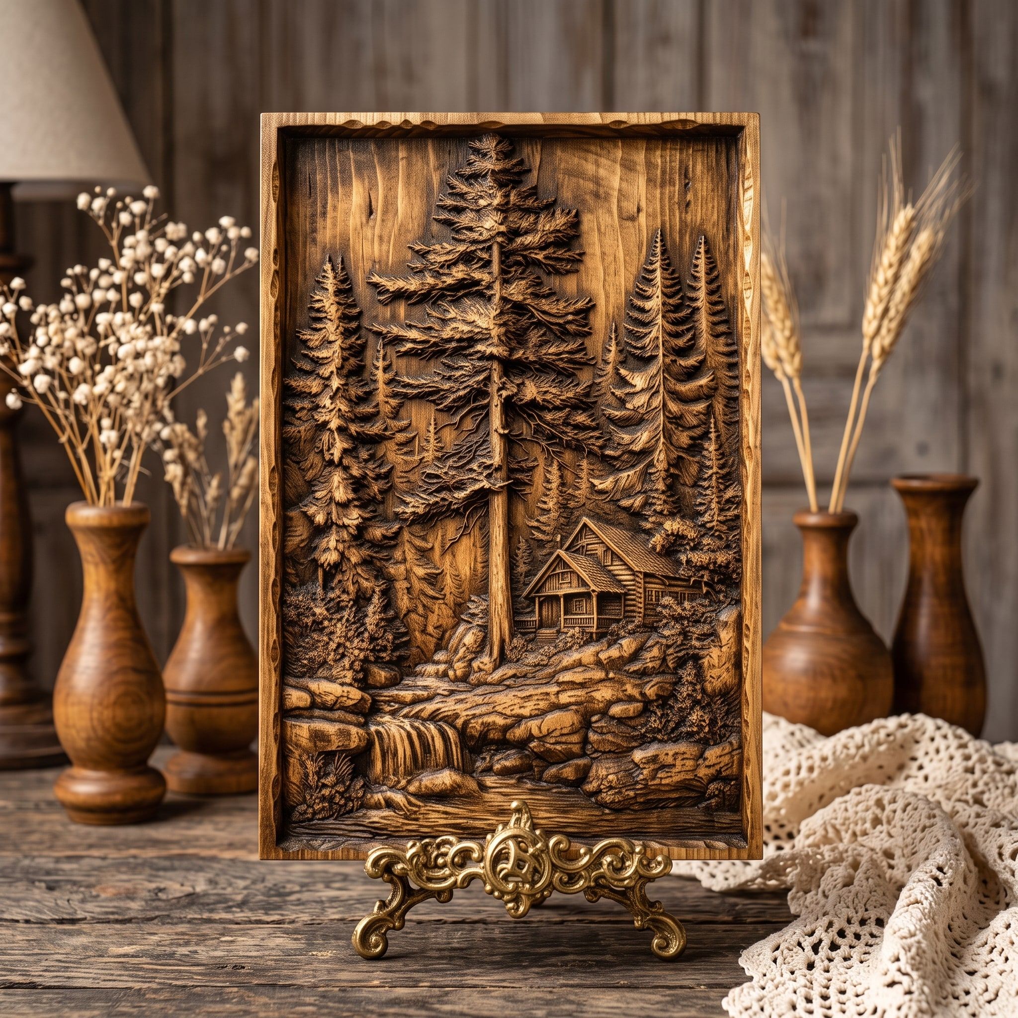 Pine Forest Cabin and Waterfall Bas-Relief STL Carving bas-relief STL — view 3