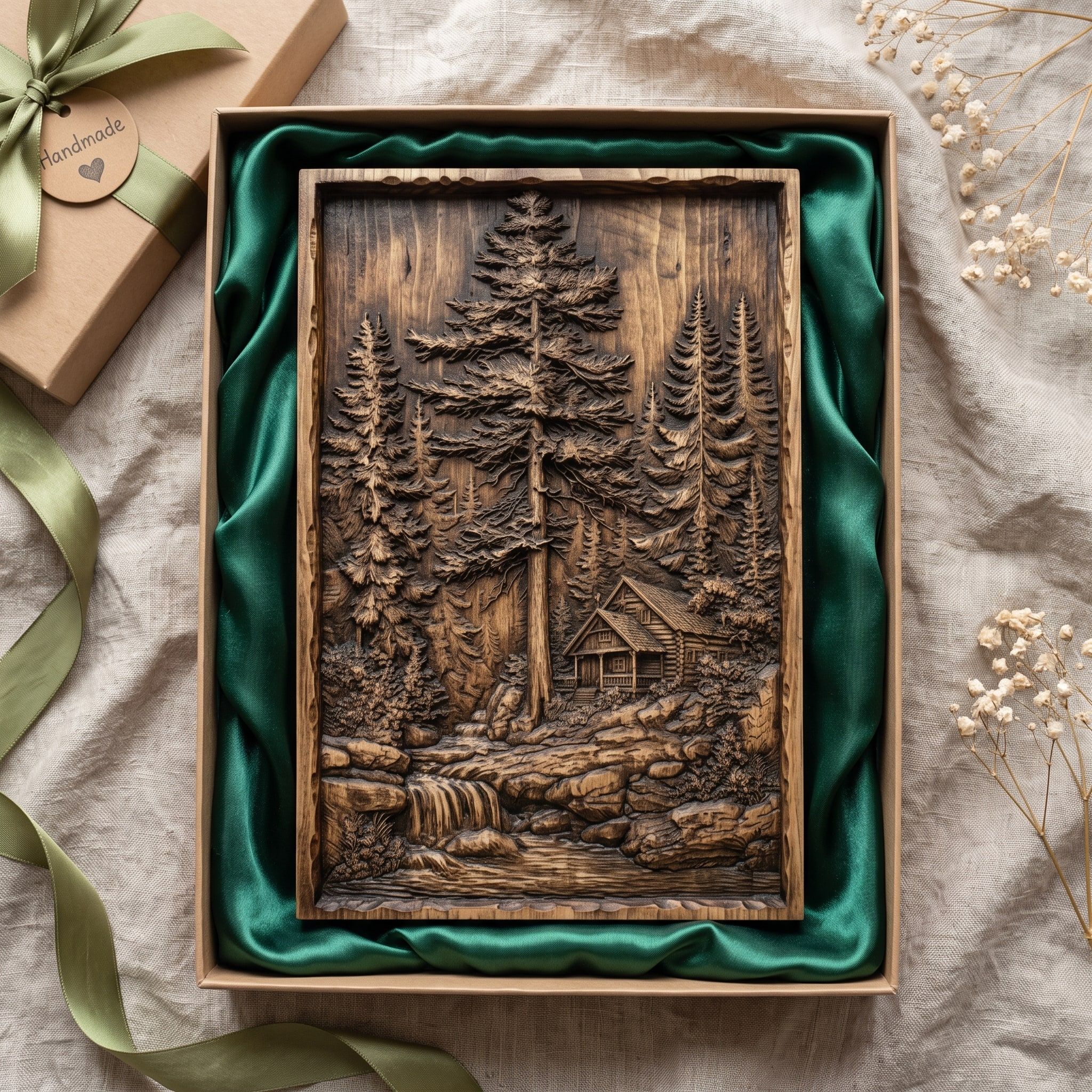 Pine Forest Cabin and Waterfall Bas-Relief STL Carving bas-relief STL — view 2