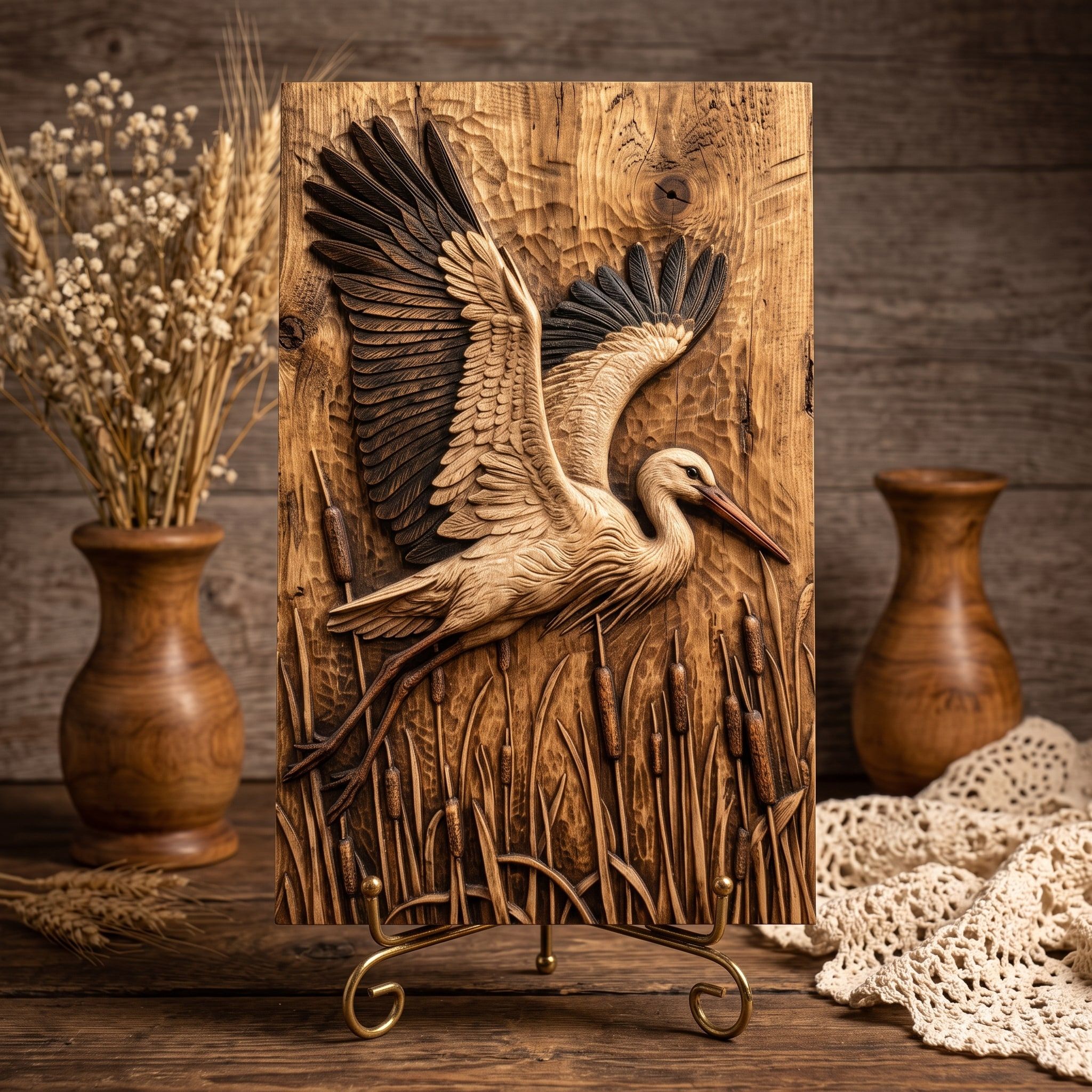 Flying Stork Over Cattails Bas-Relief STL for CNC and 3D Print bas-relief STL — view 3