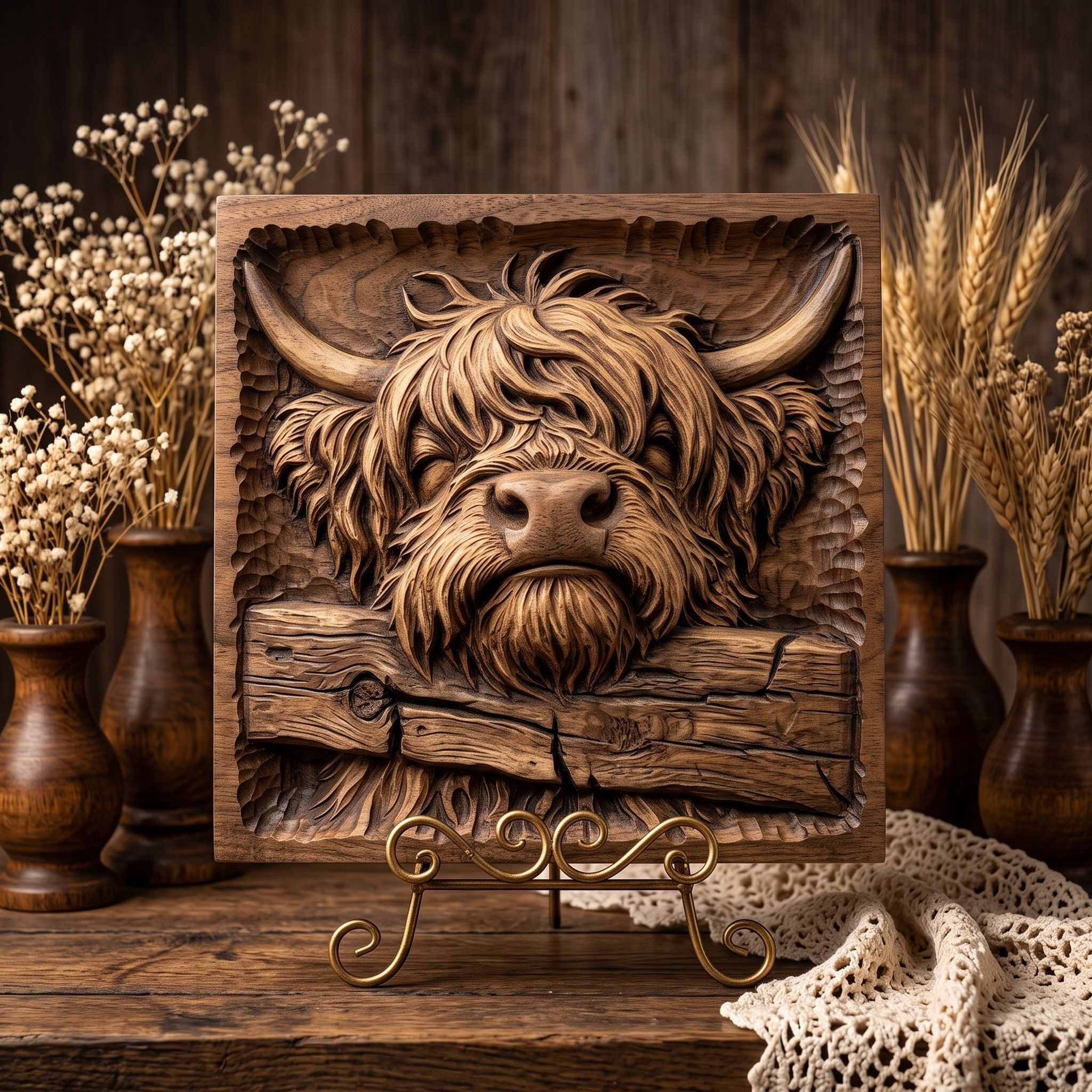 Highland Cow Peeking Over a Fence Bas-Relief STL bas-relief STL — view 3