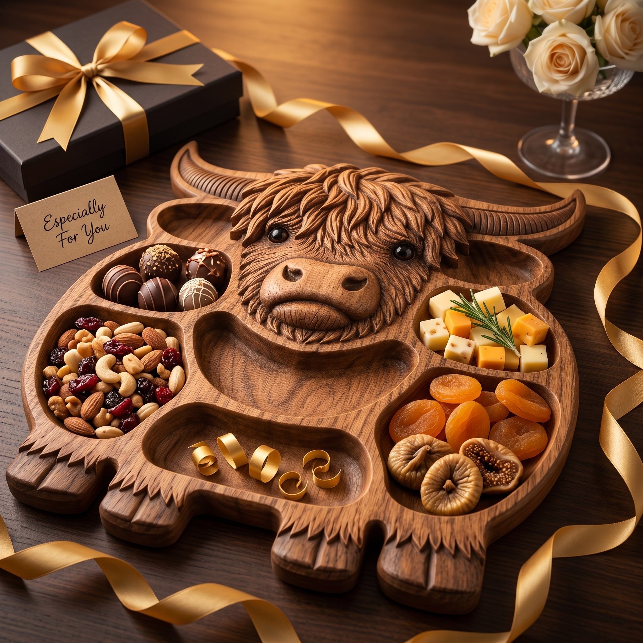 Highland Cow Serving Tray STL with Snack Compartments bas-relief STL — view 3