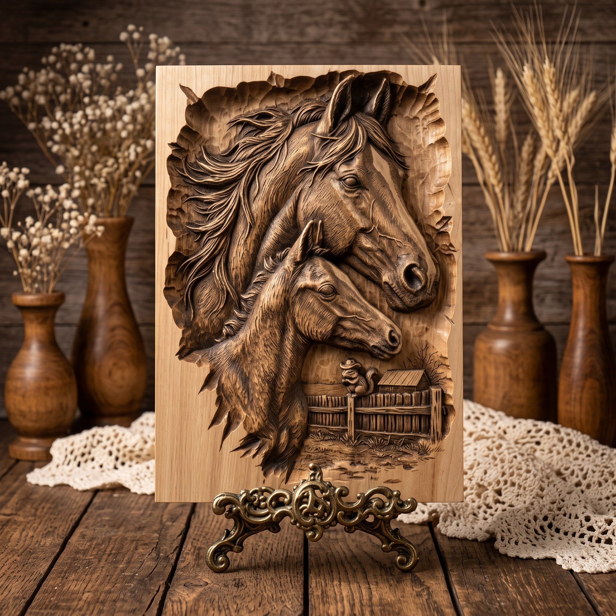 Mare and Foal Ranch Scene Bas-Relief STL for CNC Carving bas-relief STL — view 3