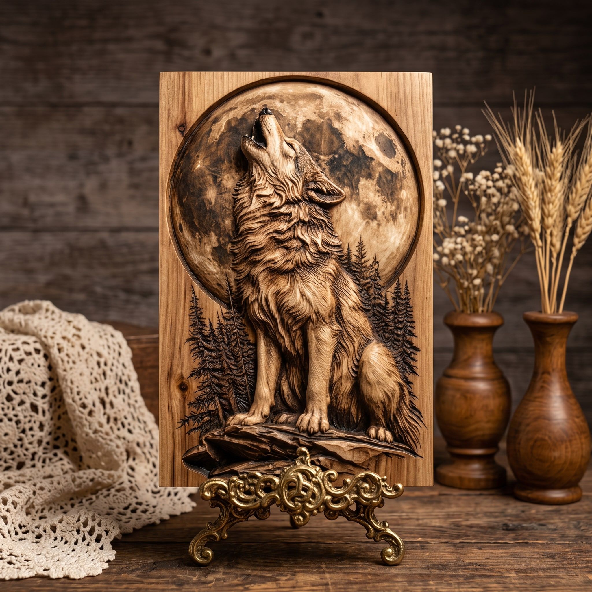 Howling Wolf and Full Moon Bas-Relief STL for CNC Carving bas-relief STL — view 3
