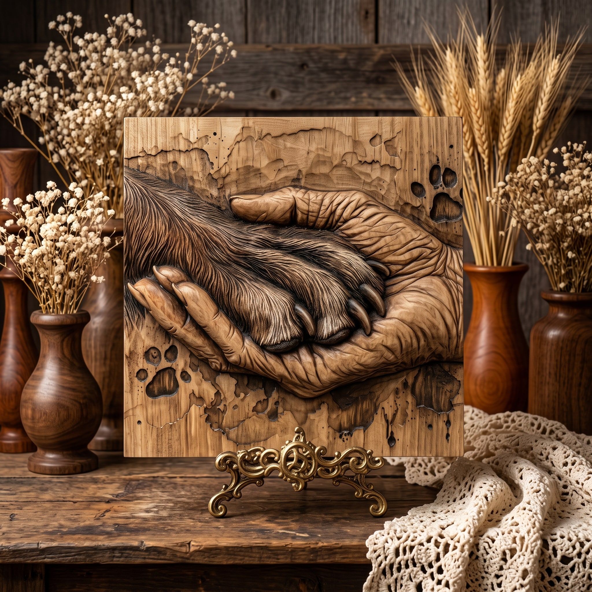 Aged Human Hand Cradling a Dog's Paw Bas-Relief STL bas-relief STL — view 3