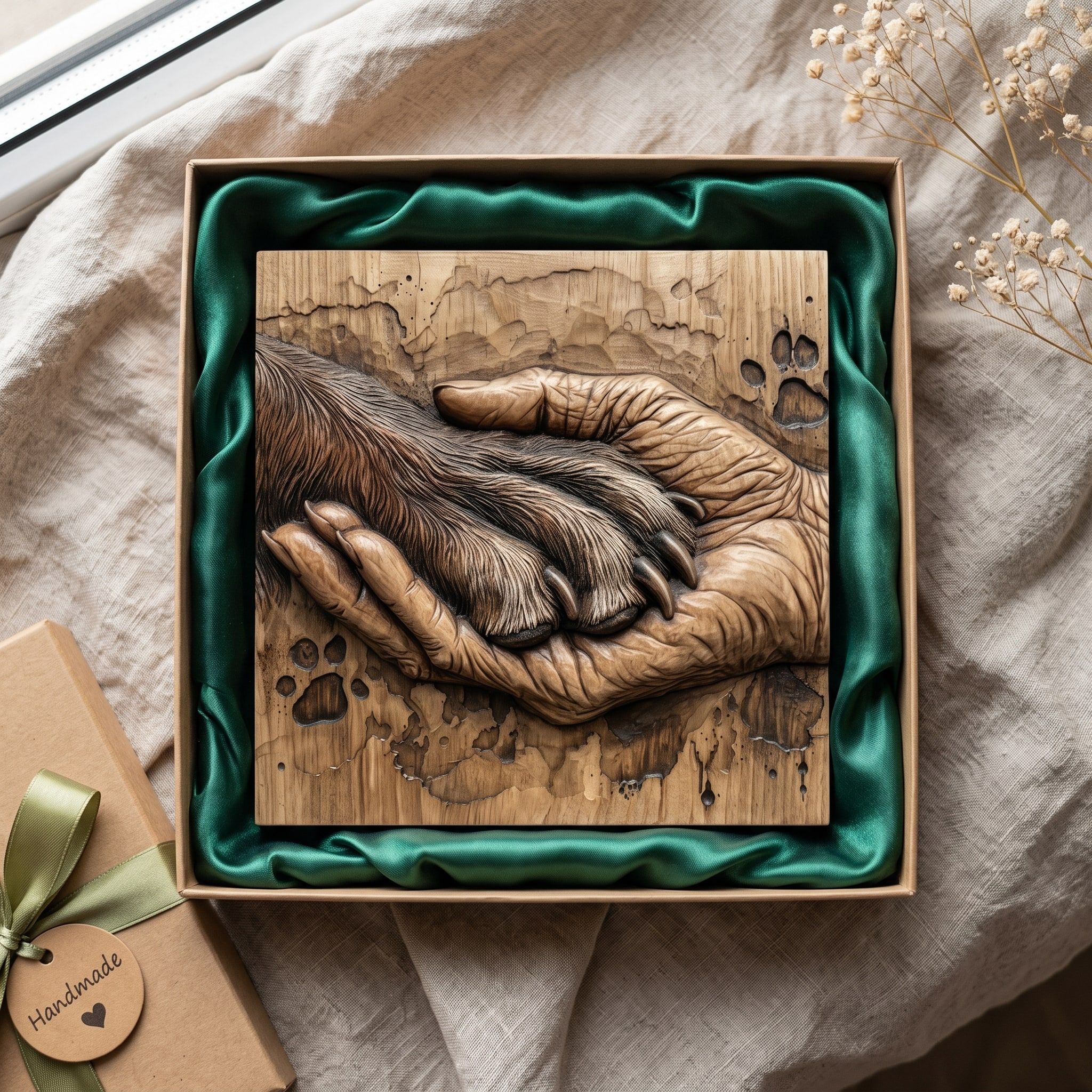 Aged Human Hand Cradling a Dog's Paw Bas-Relief STL bas-relief STL — view 2