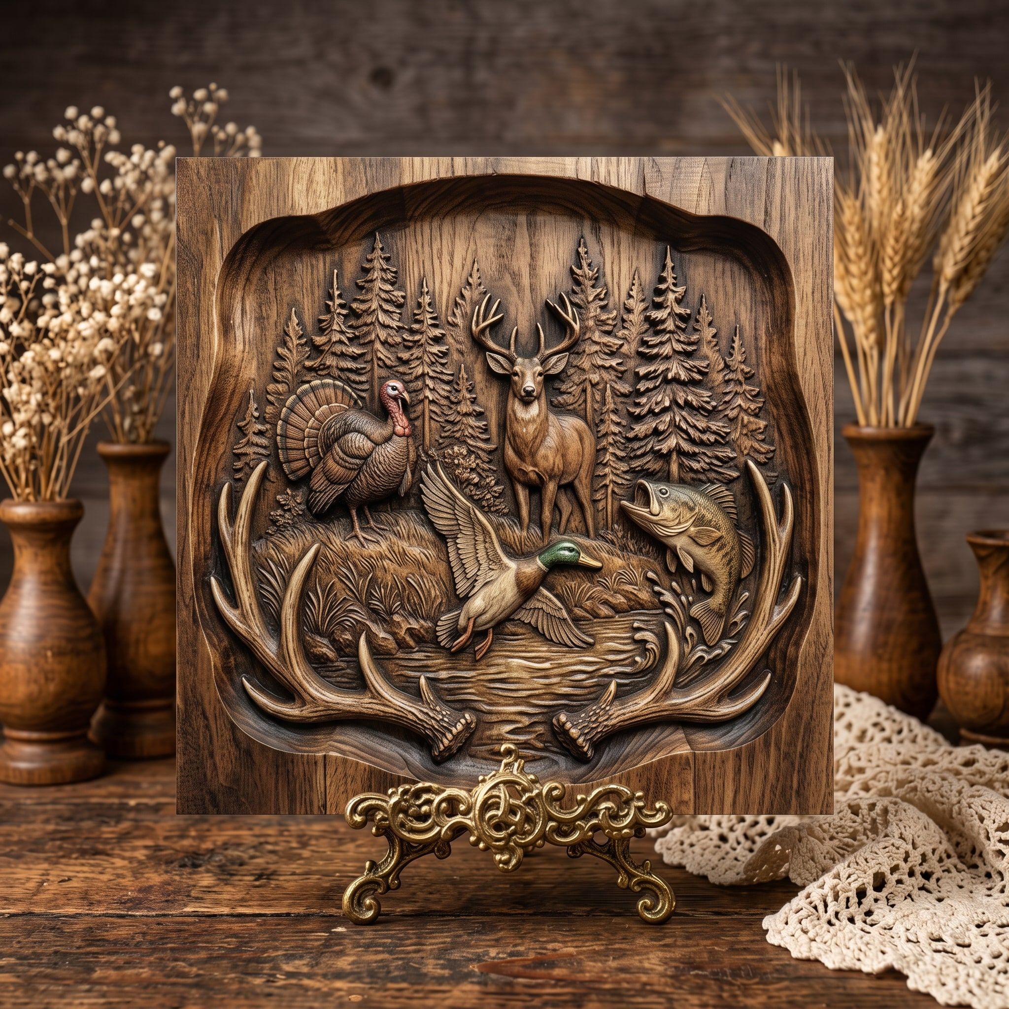 Buck, Turkey, Duck and Bass Antler-Framed Hunting Relief STL bas-relief STL — view 3