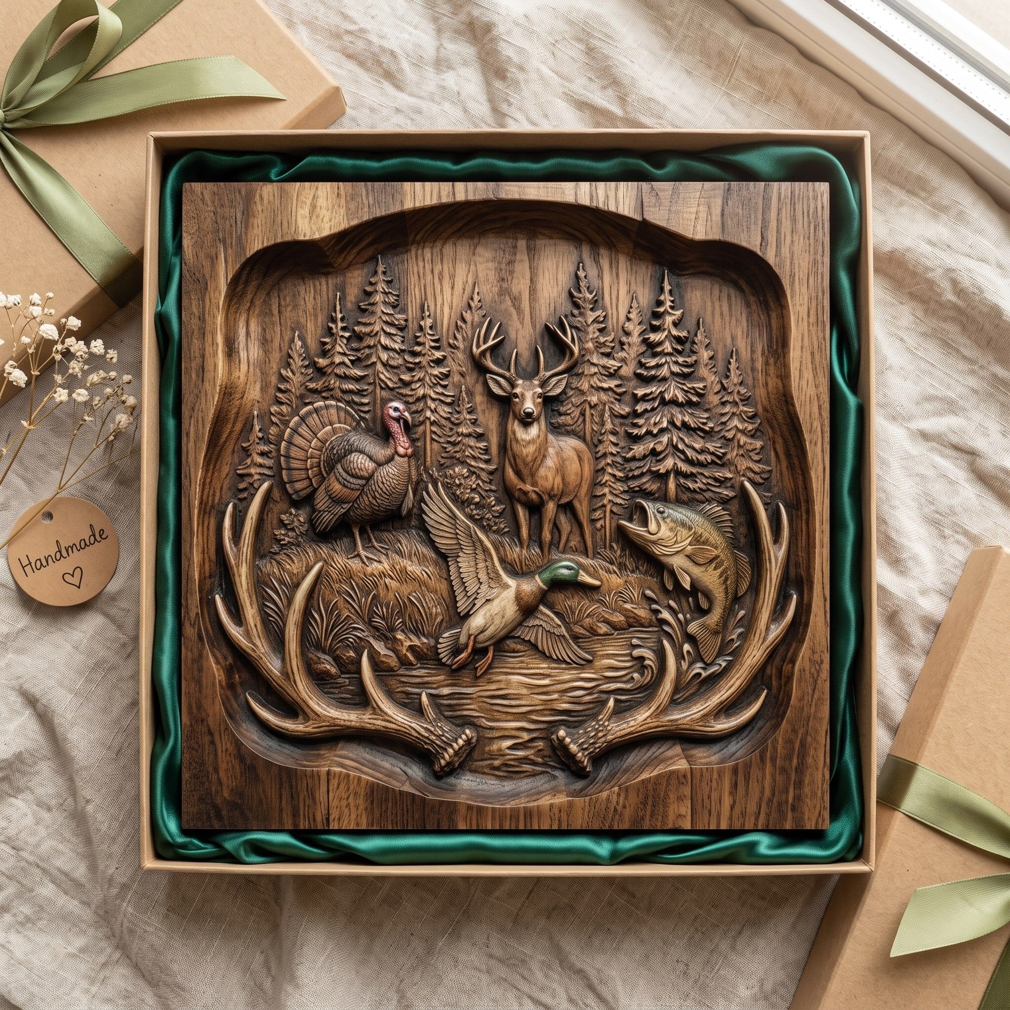 Buck, Turkey, Duck and Bass Antler-Framed Hunting Relief STL bas-relief STL — view 2