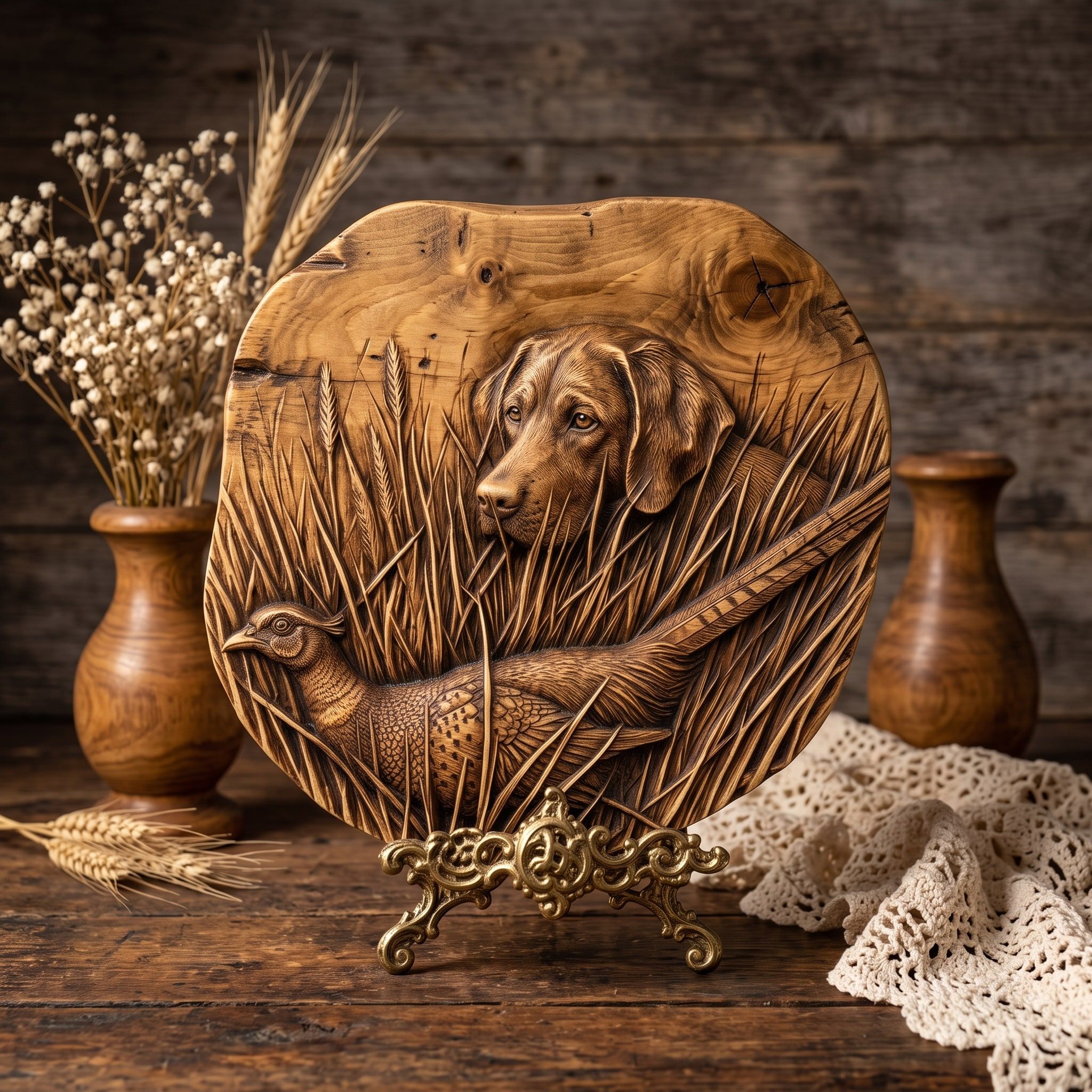 Hunting Lab and Pheasant Bas-Relief STL in Tall Grass bas-relief STL — view 3