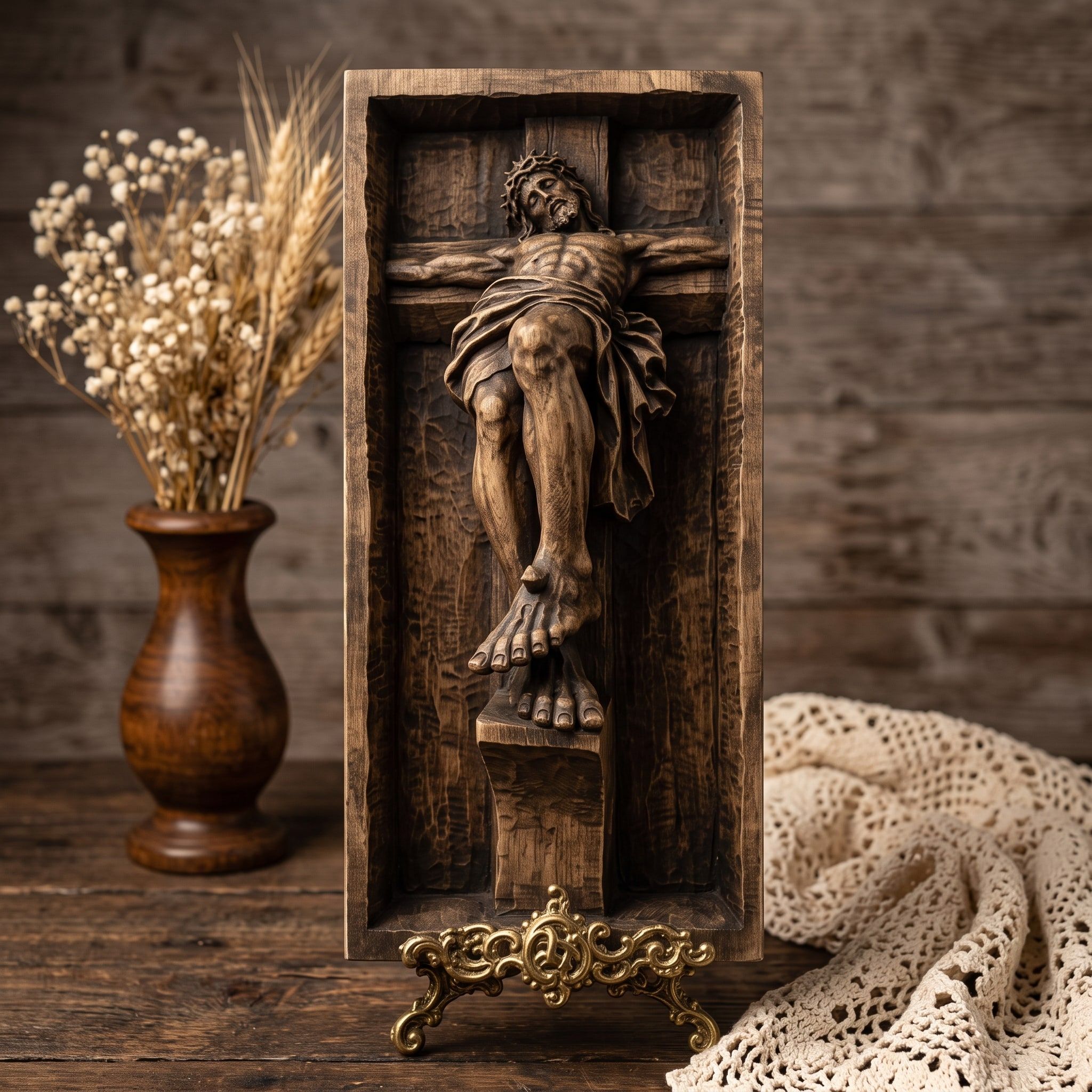 Crucified Christ Bas-Relief Panel with Crown of Thorns STL bas-relief STL — view 3