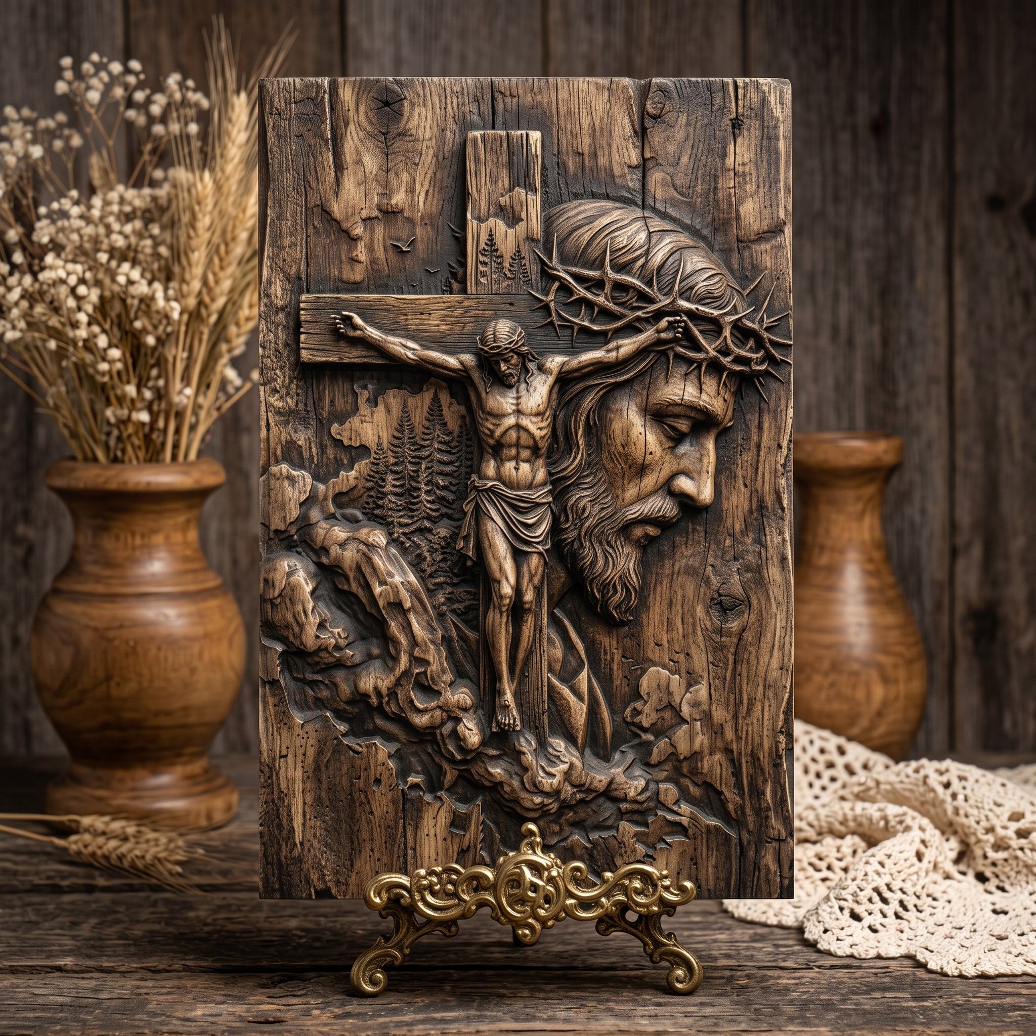 Crucifixion of Christ Bas-Relief STL with Crown of Thorns bas-relief STL — view 3