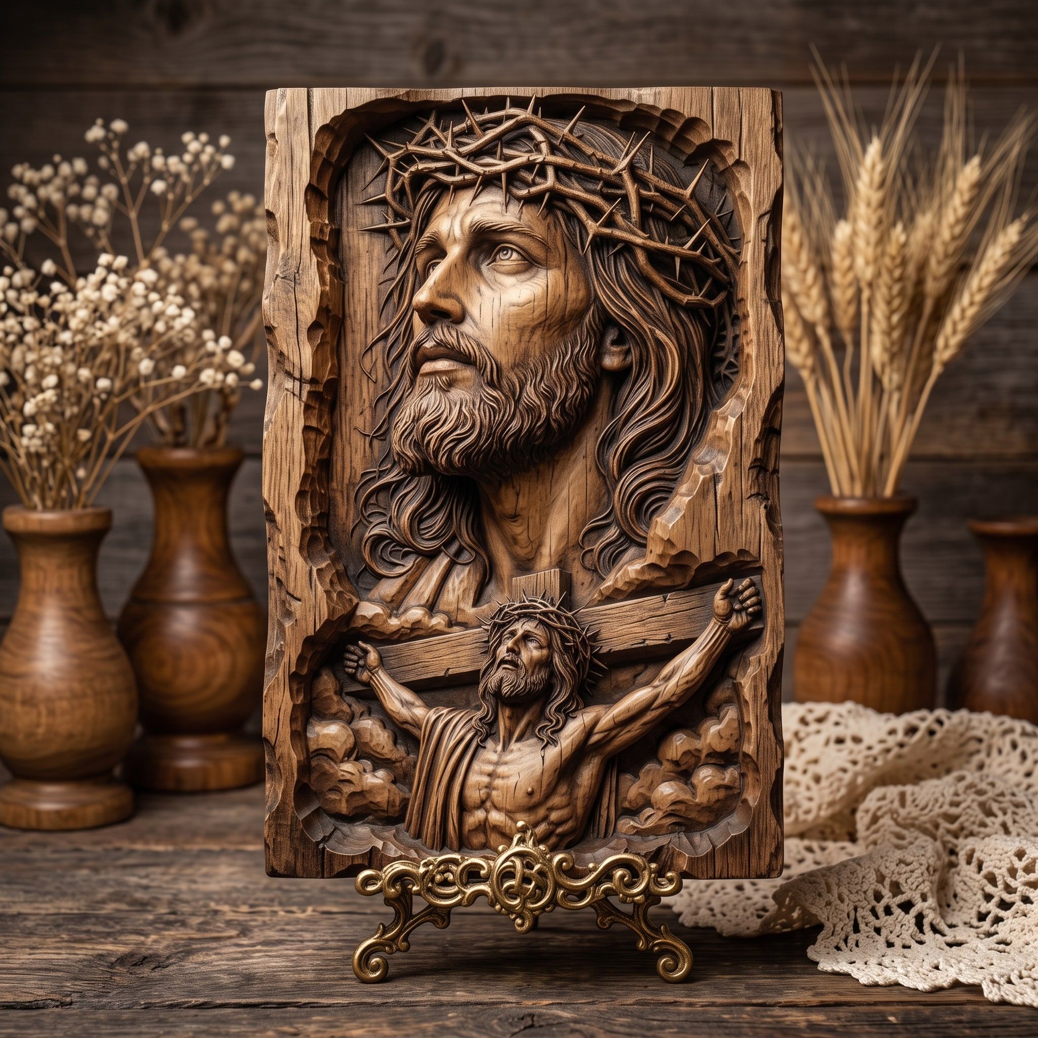 Jesus Crown of Thorns and Crucifixion Bas-Relief STL bas-relief STL — view 3