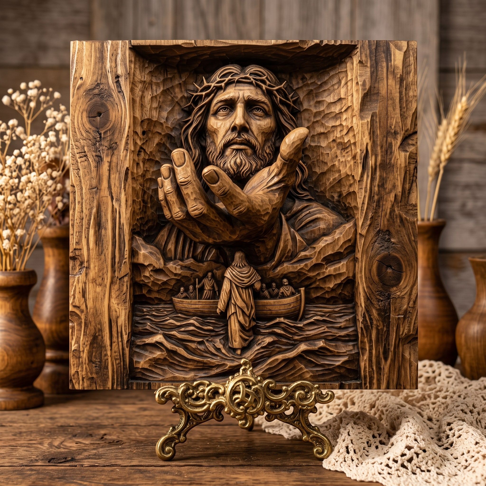 Jesus Reaching Hand and Storm on the Sea Bas-Relief STL bas-relief STL — view 3