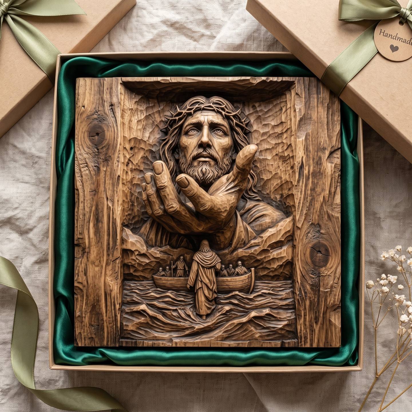 Jesus Reaching Hand and Storm on the Sea Bas-Relief STL carved in wood