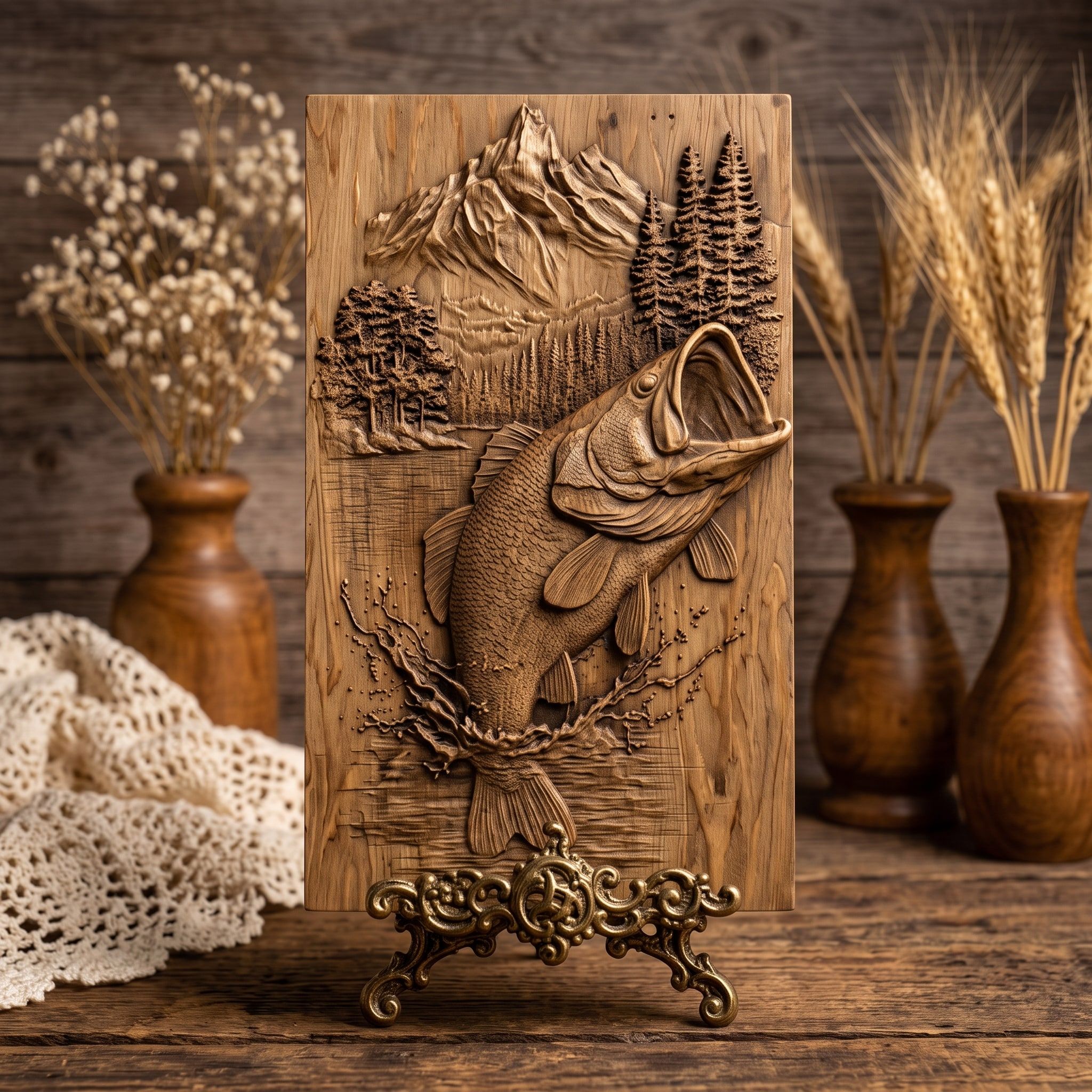 Jumping Largemouth Bass STL with Mountain Lake Scene Relief bas-relief STL — view 3