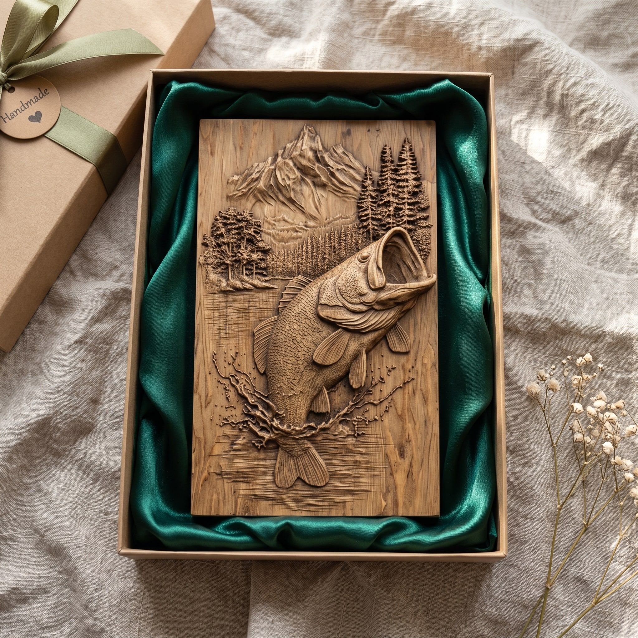 Jumping Largemouth Bass STL with Mountain Lake Scene Relief bas-relief STL — view 2
