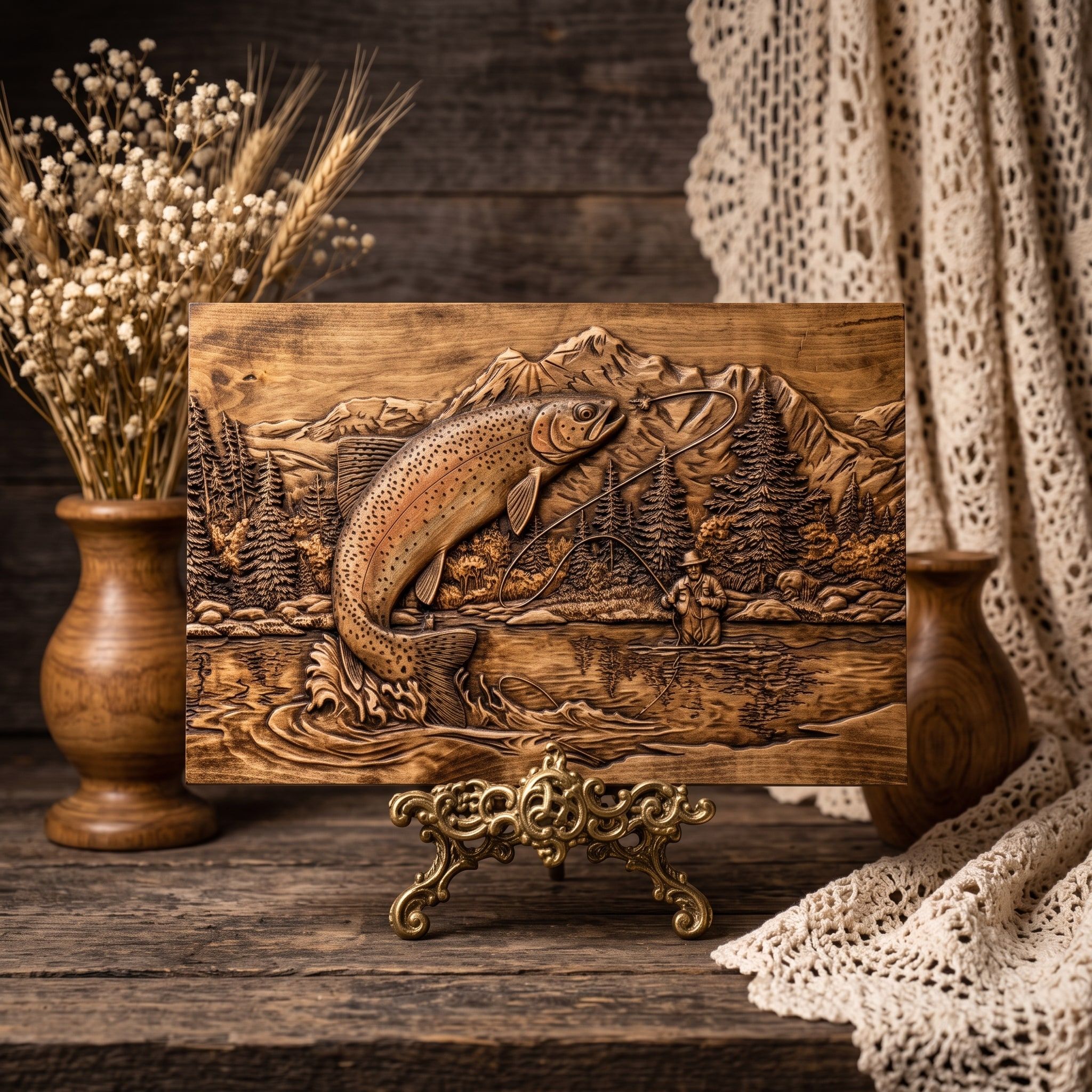 Leaping Rainbow Trout STL with Mountain River and Fly Angler bas-relief STL — view 3