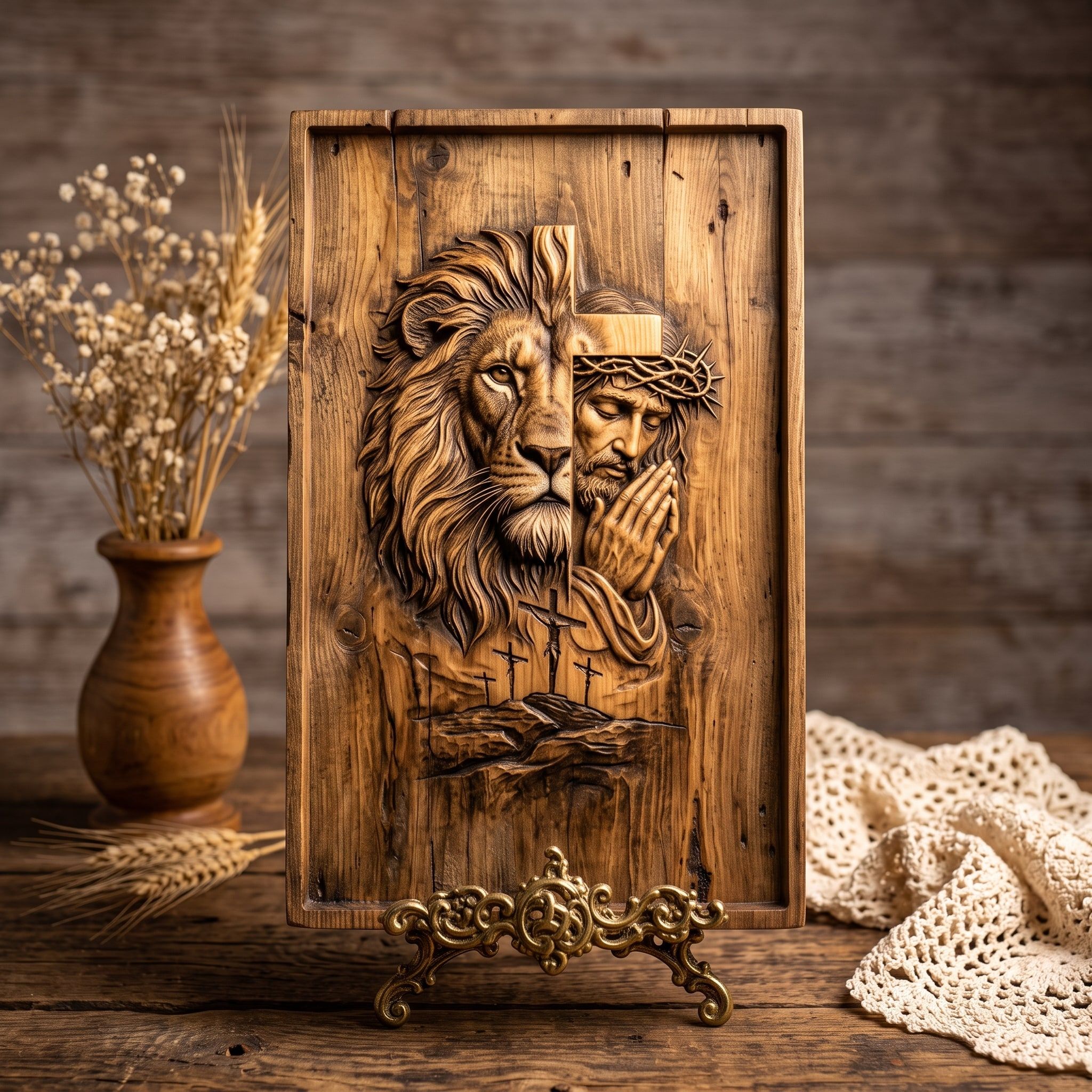Lion of Judah and Praying Jesus Cross Bas-Relief STL bas-relief STL — view 3