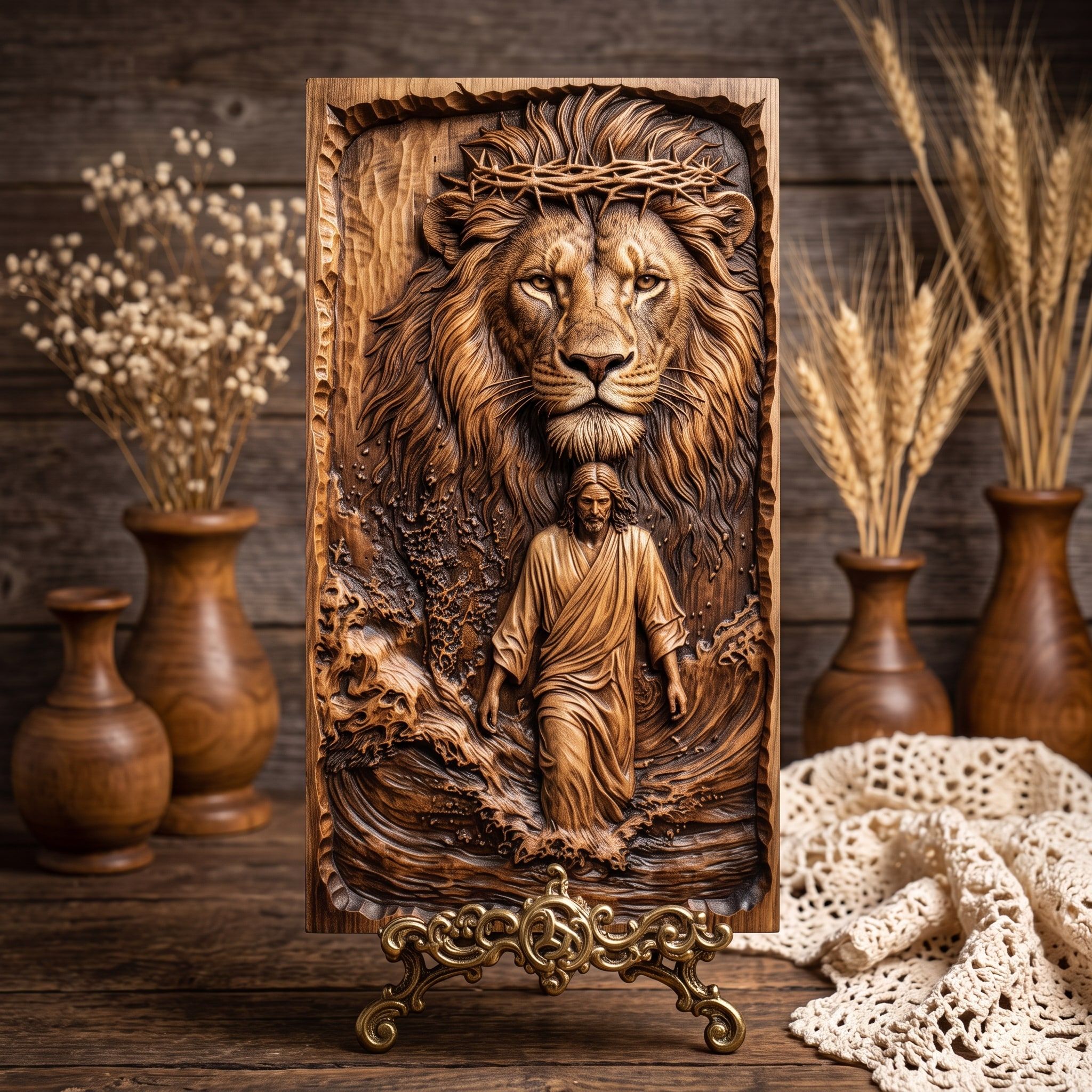Lion of Judah and Christ Walking on Water Bas-Relief STL bas-relief STL — view 3