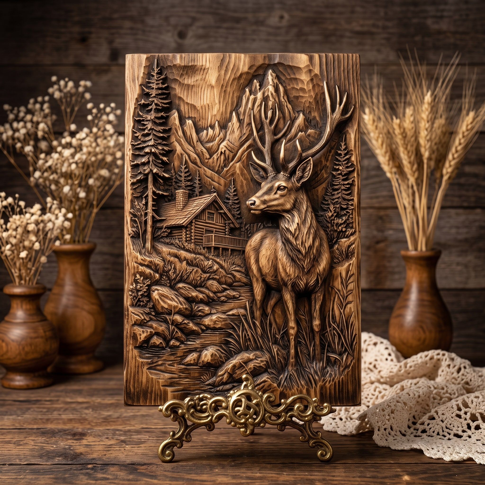 Standing Buck and Log Cabin Mountain Scene Relief STL bas-relief STL — view 3