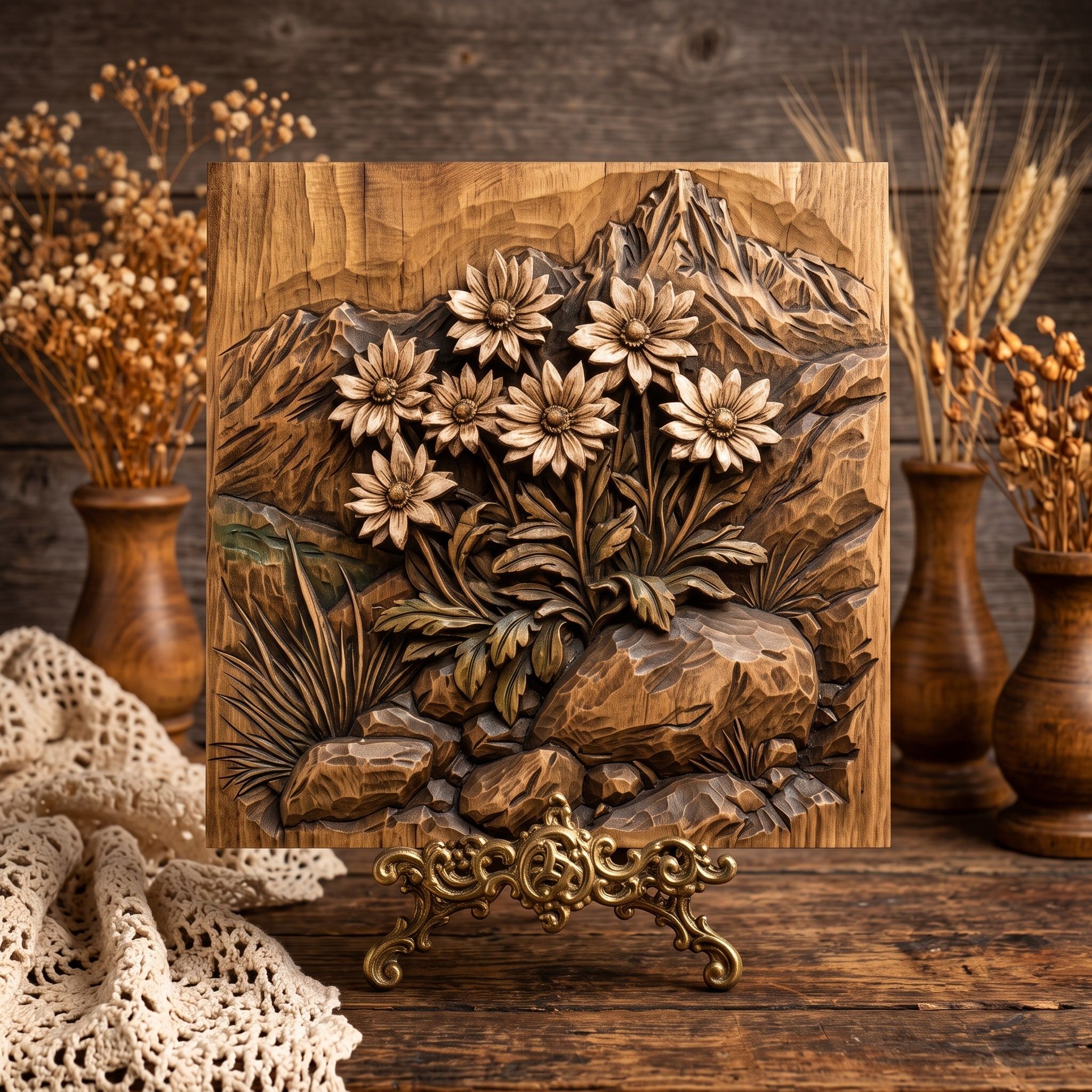 Alpine Edelweiss & Mountain Peak Bas-Relief STL Carving bas-relief STL — view 3