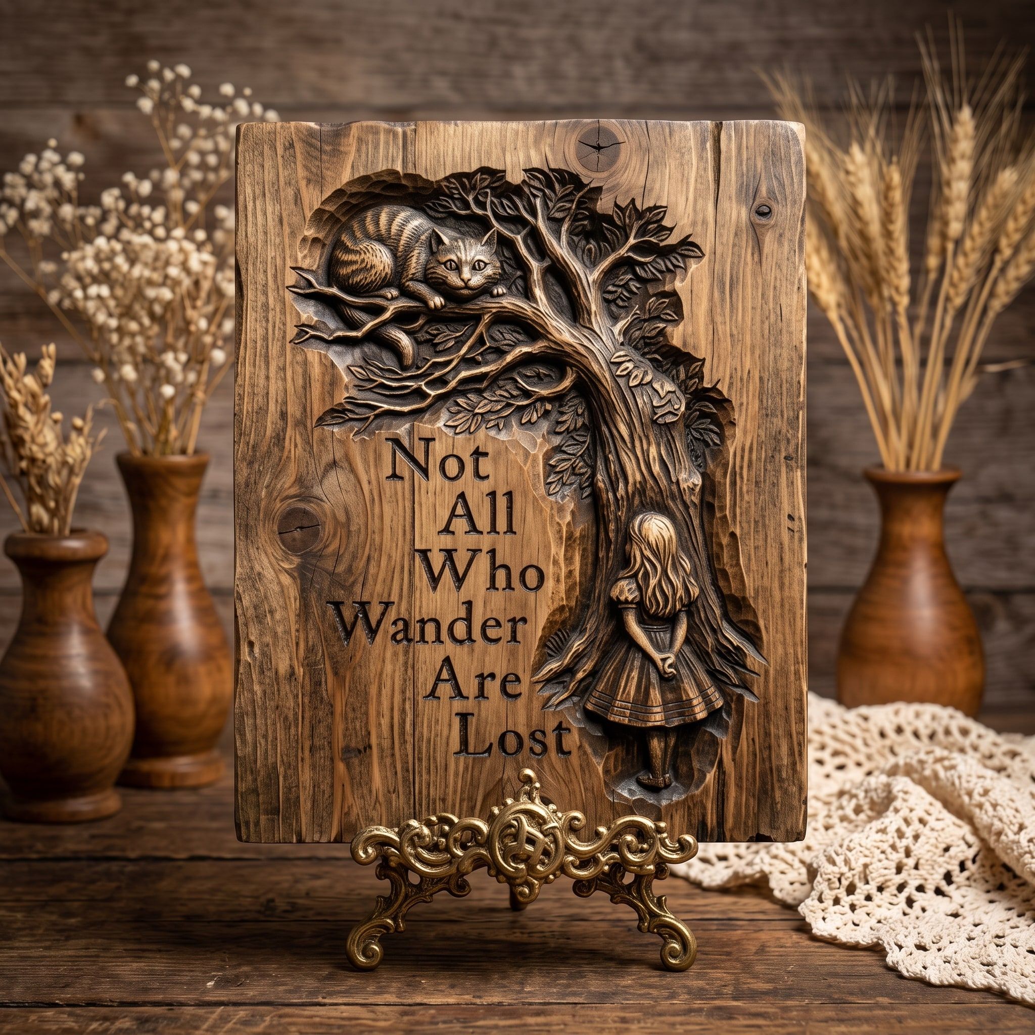 Not All Who Wander Are Lost Alice and Cheshire Cat Relief STL bas-relief STL — view 3
