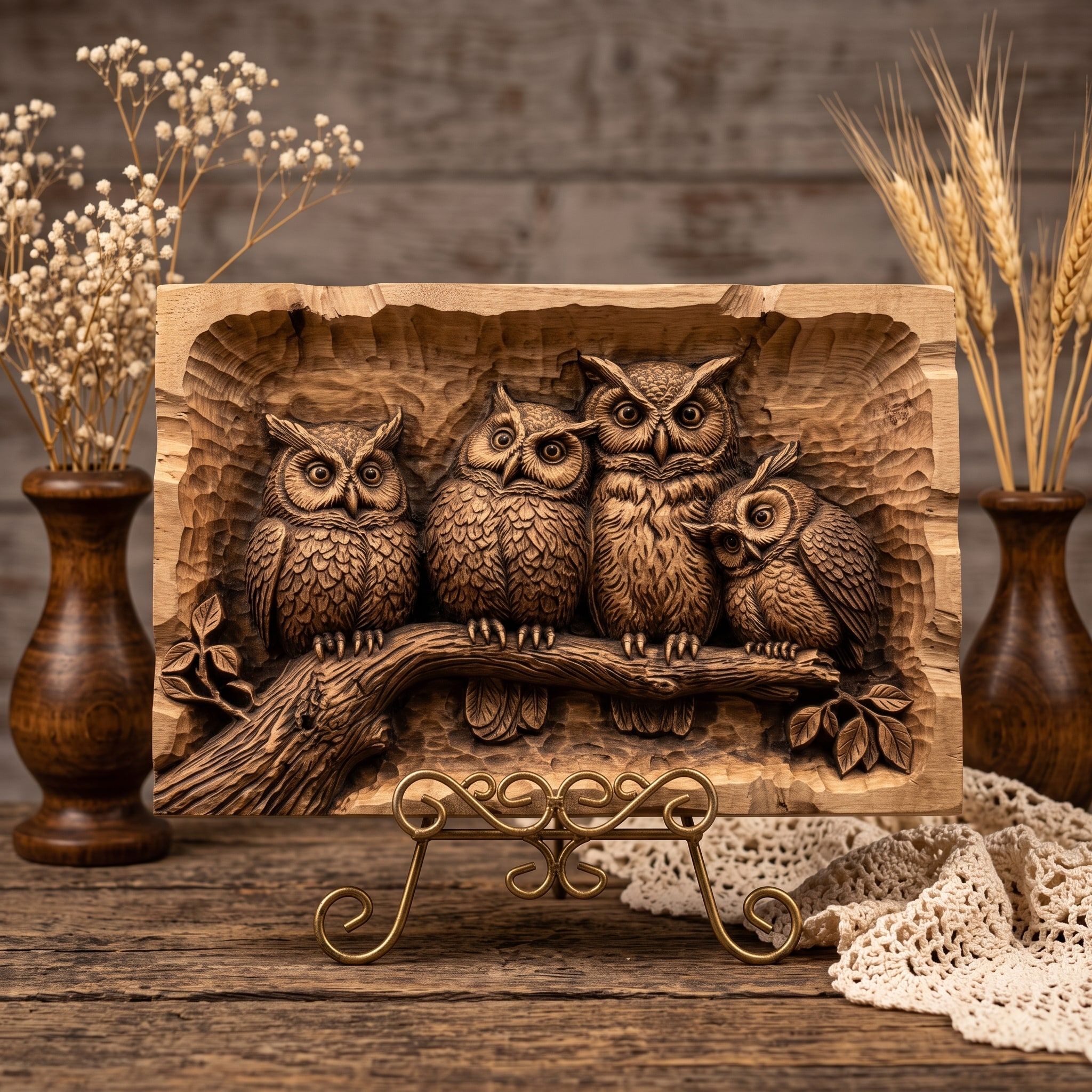 Owl Family on a Branch Bas-Relief STL for CNC Carving bas-relief STL — view 3
