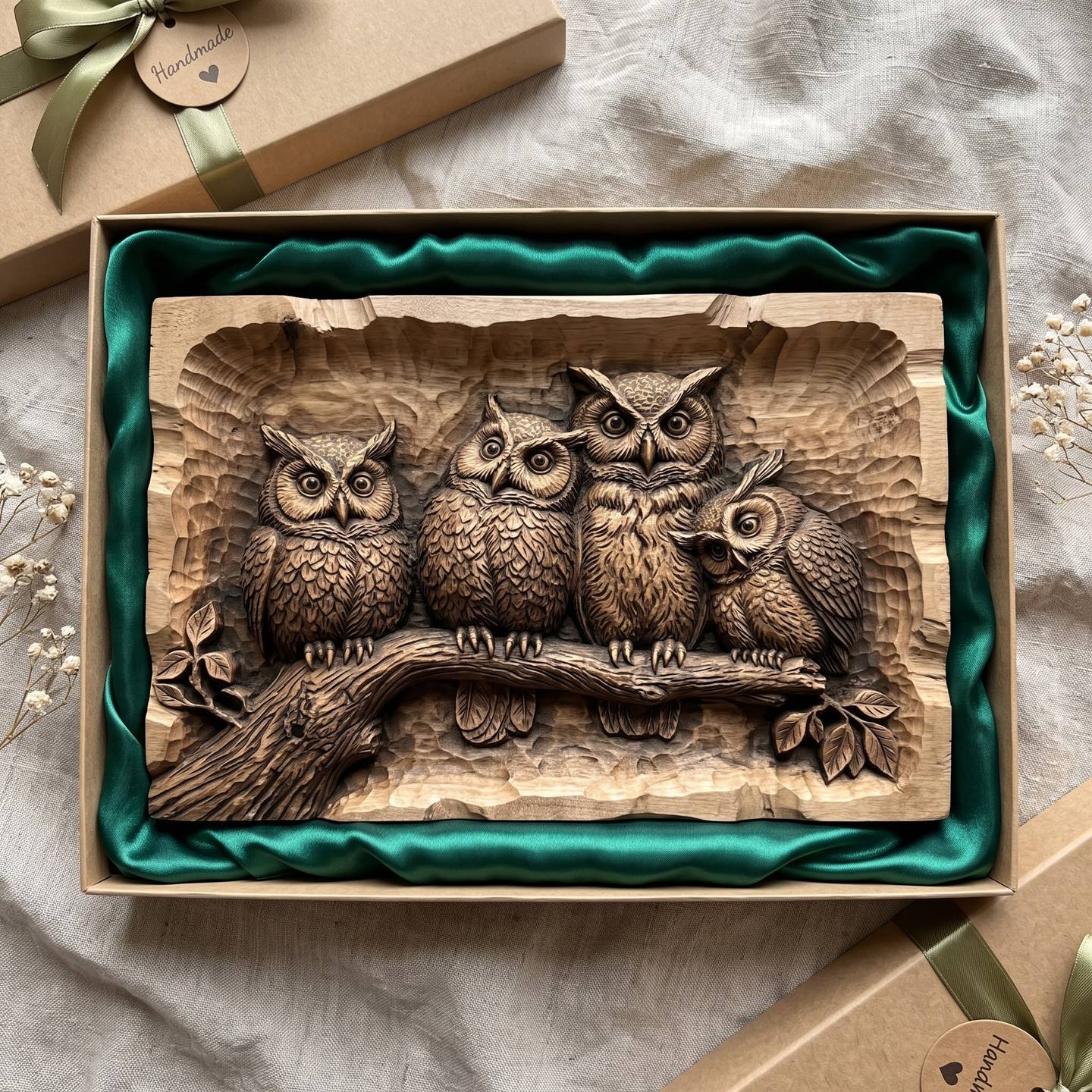 Owl Family on a Branch Bas-Relief STL for CNC Carving carved in wood