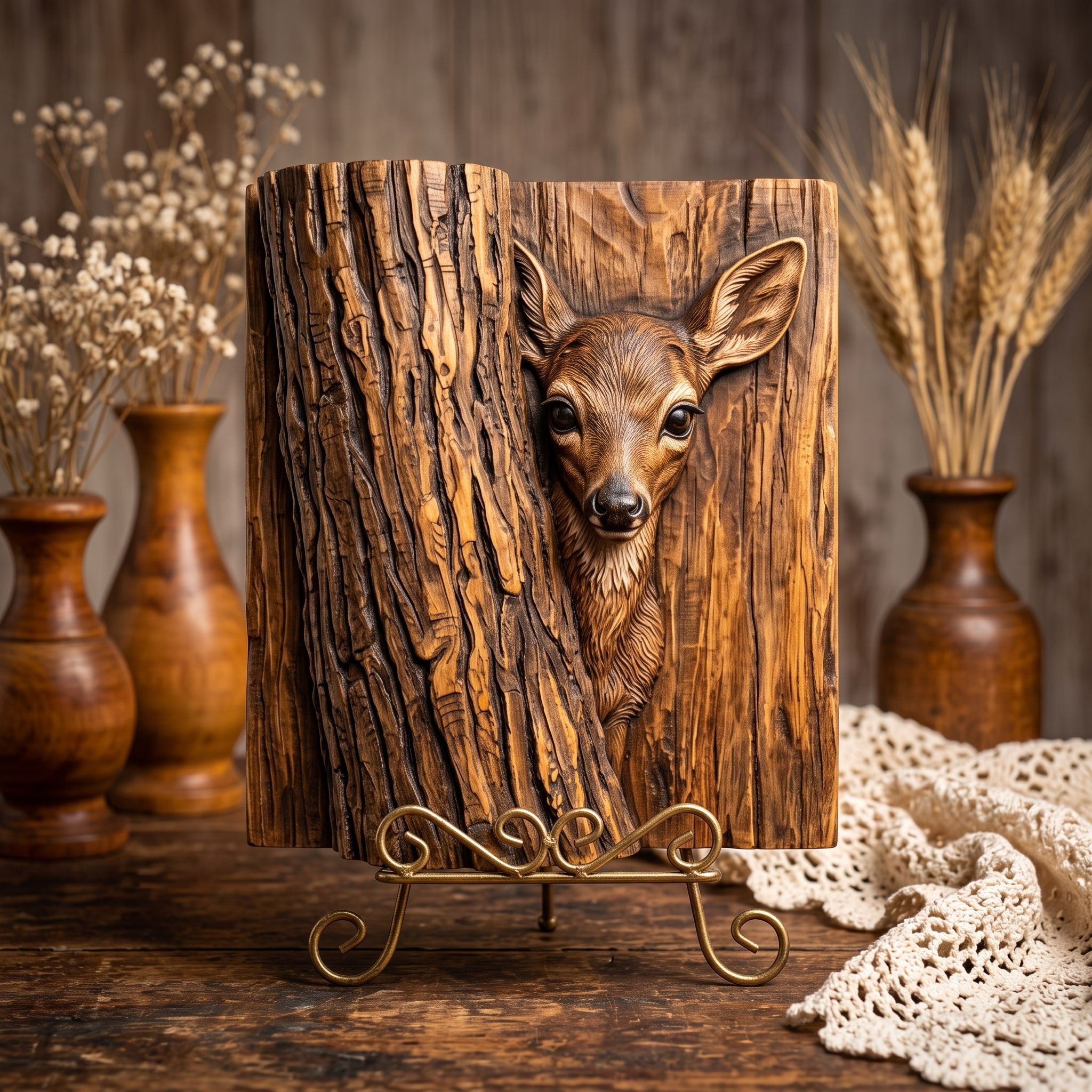 Peeking Fawn Bas-Relief STL, Deer Behind Bark Wood Panel bas-relief STL — view 3
