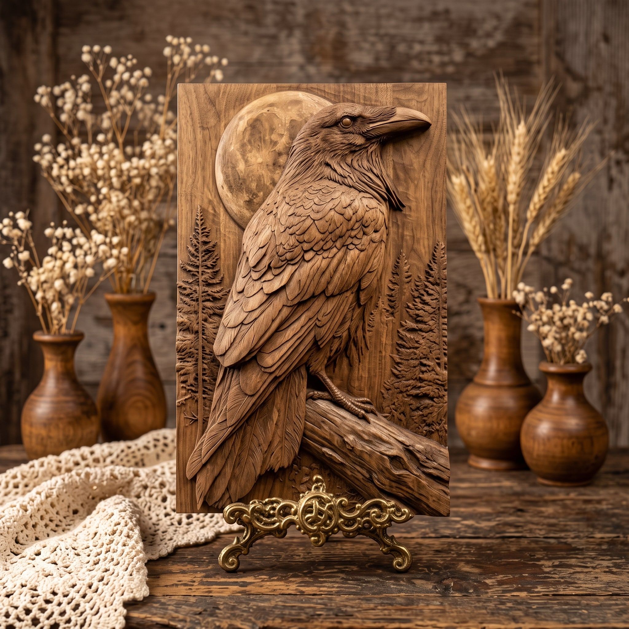Perched Raven Under a Full Moon Bas-Relief STL bas-relief STL — view 3