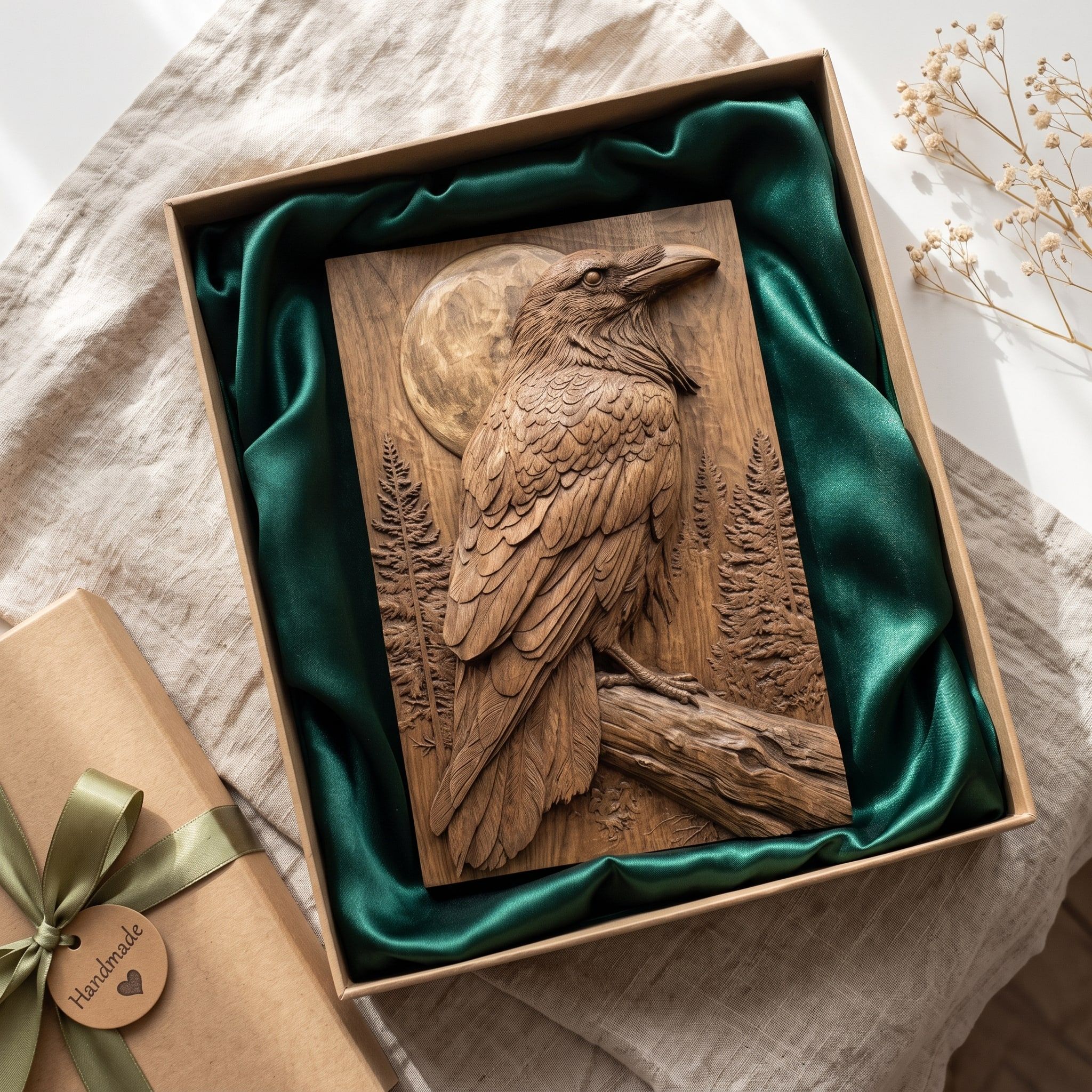 Perched Raven Under a Full Moon Bas-Relief STL bas-relief STL — view 2