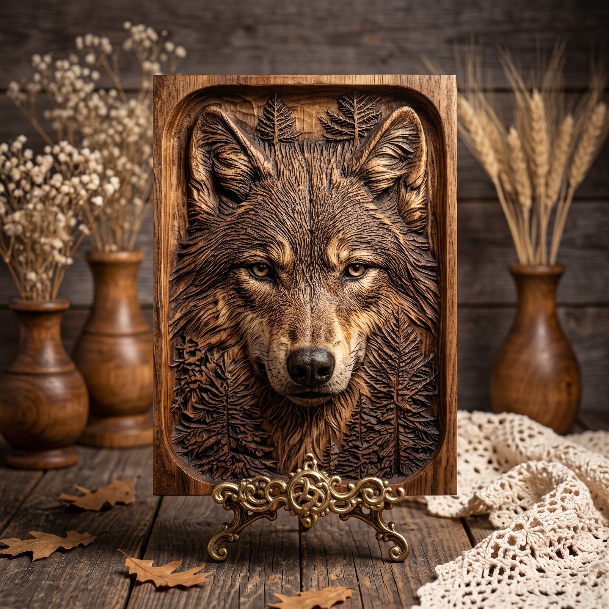 Wolf Face in the Pines Bas-Relief STL for CNC Carving bas-relief STL — view 3