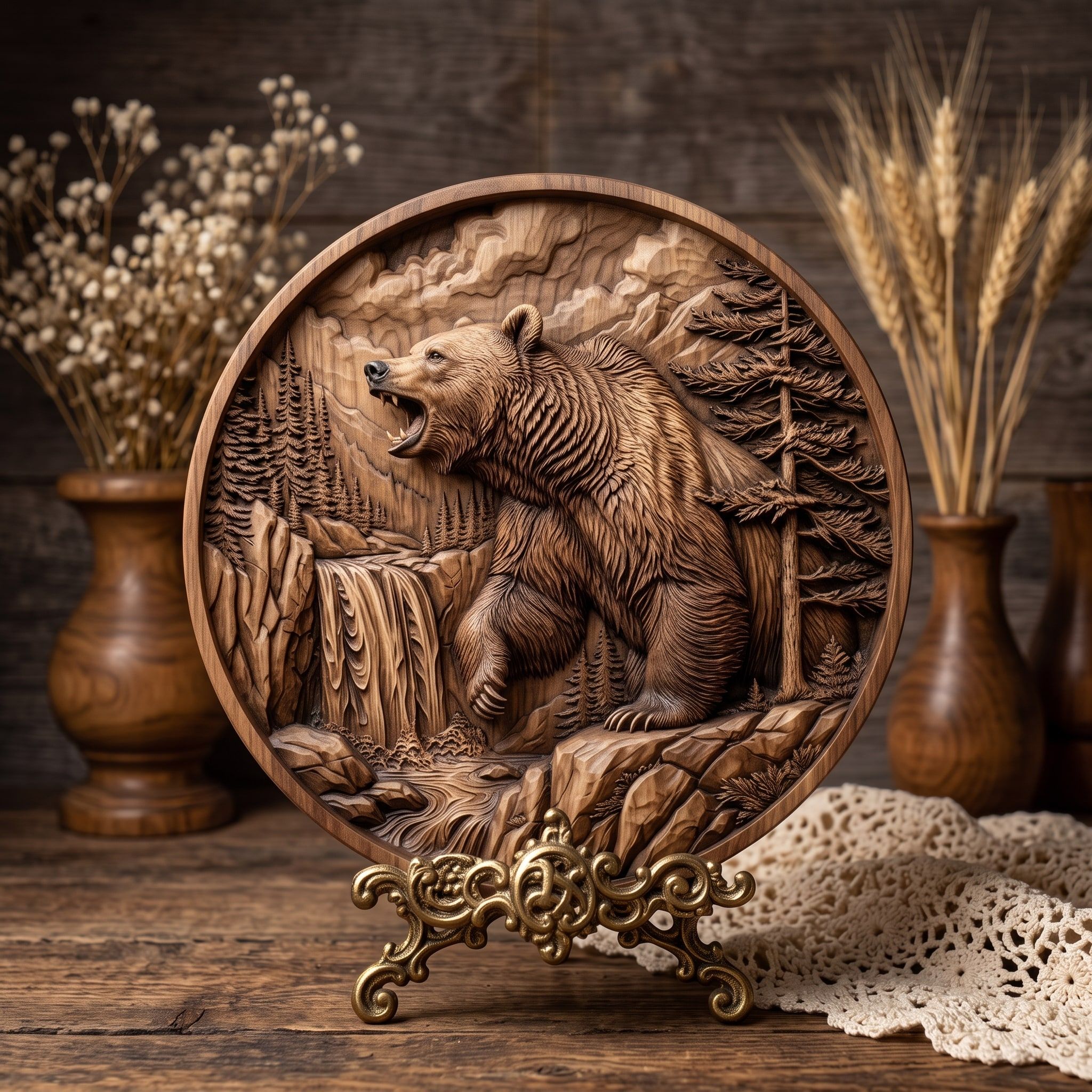 Roaring Grizzly Bear and Waterfall Round Bas-Relief STL bas-relief STL — view 3