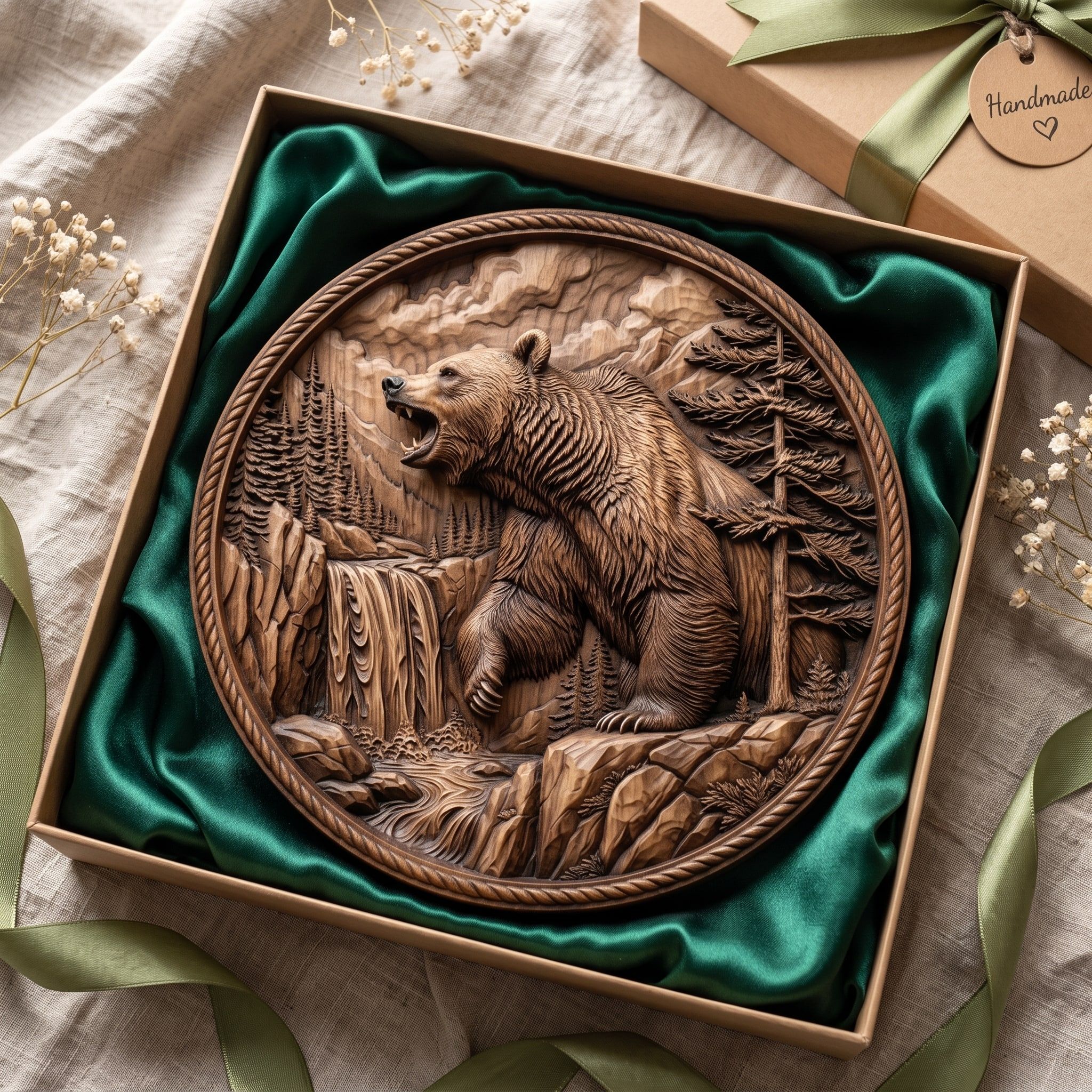 Roaring Grizzly Bear and Waterfall Round Bas-Relief STL bas-relief STL — view 2