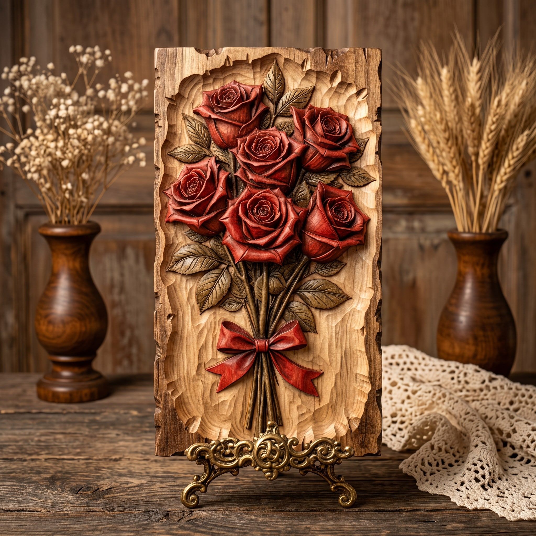 Red Rose Bouquet with Ribbon Bow Bas-Relief STL Carving File bas-relief STL — view 3