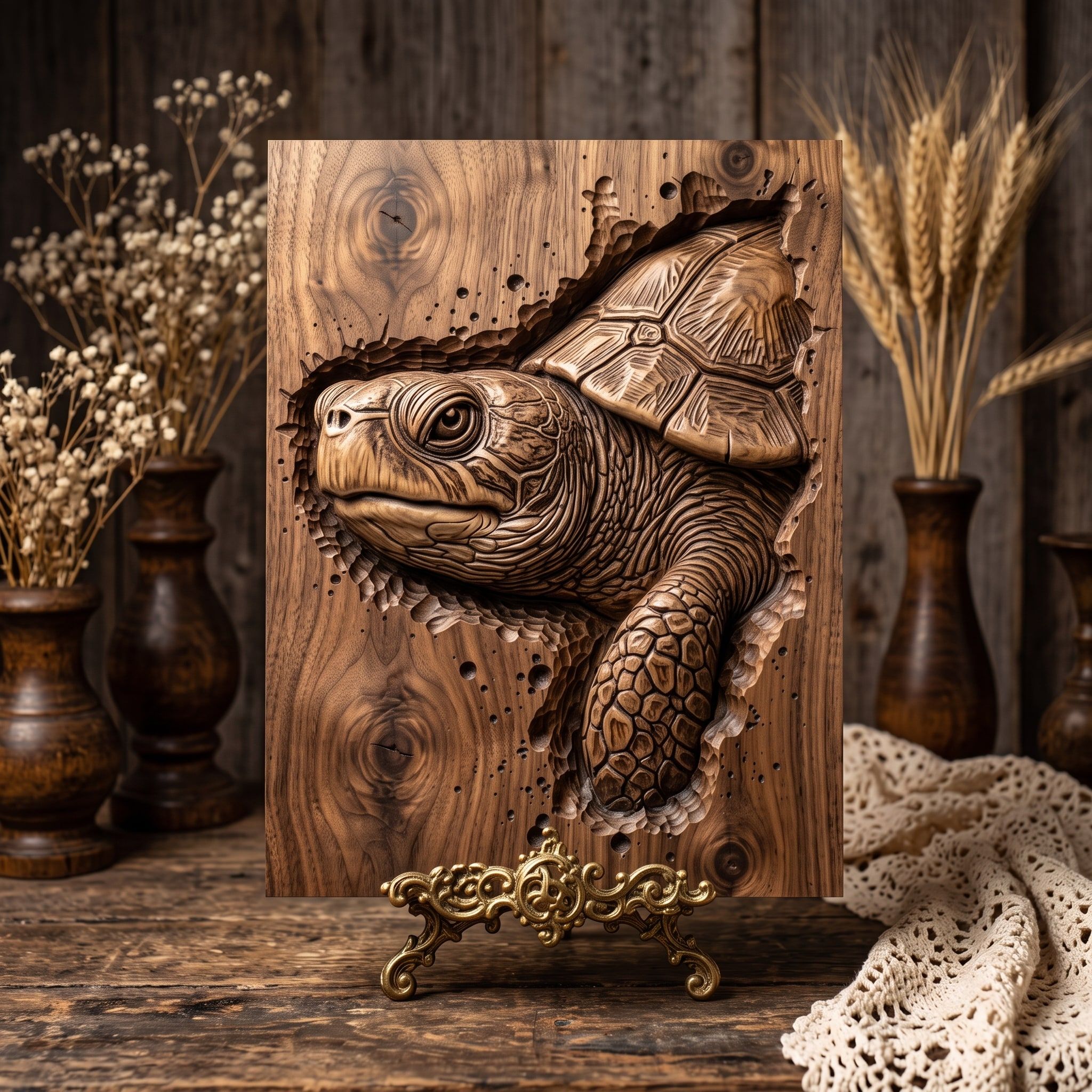 Sea Turtle Breaking Through Wood Bas-Relief STL bas-relief STL — view 3