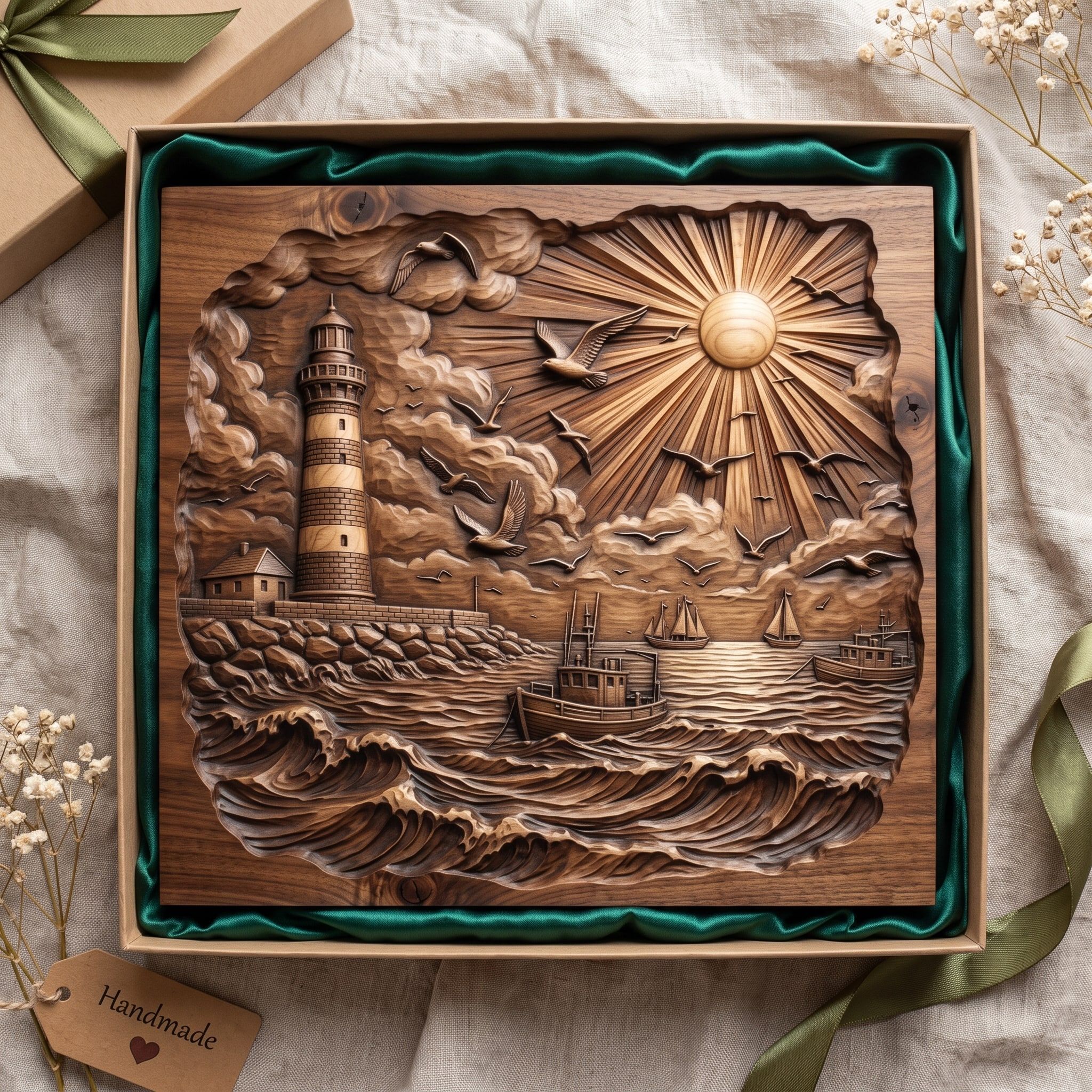 Lighthouse Harbor Seascape with Sunburst and Fishing Boats STL bas-relief STL — view 2