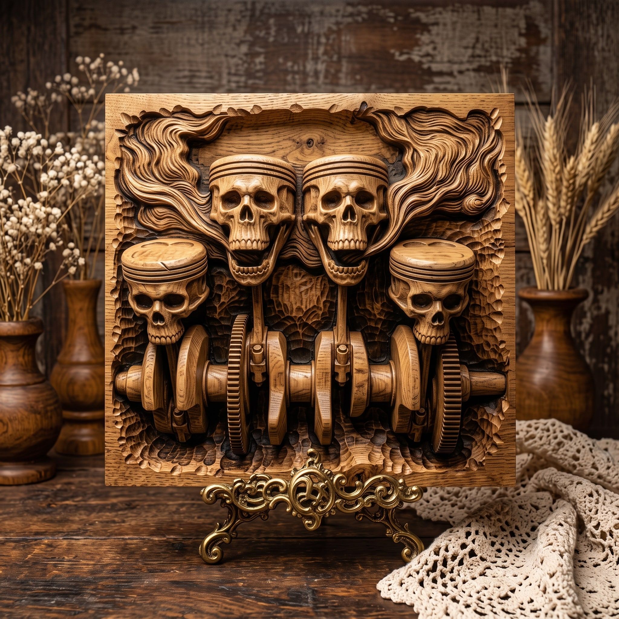 Skull Pistons and Crankshaft Engine Bas-Relief STL Carving bas-relief STL — view 3