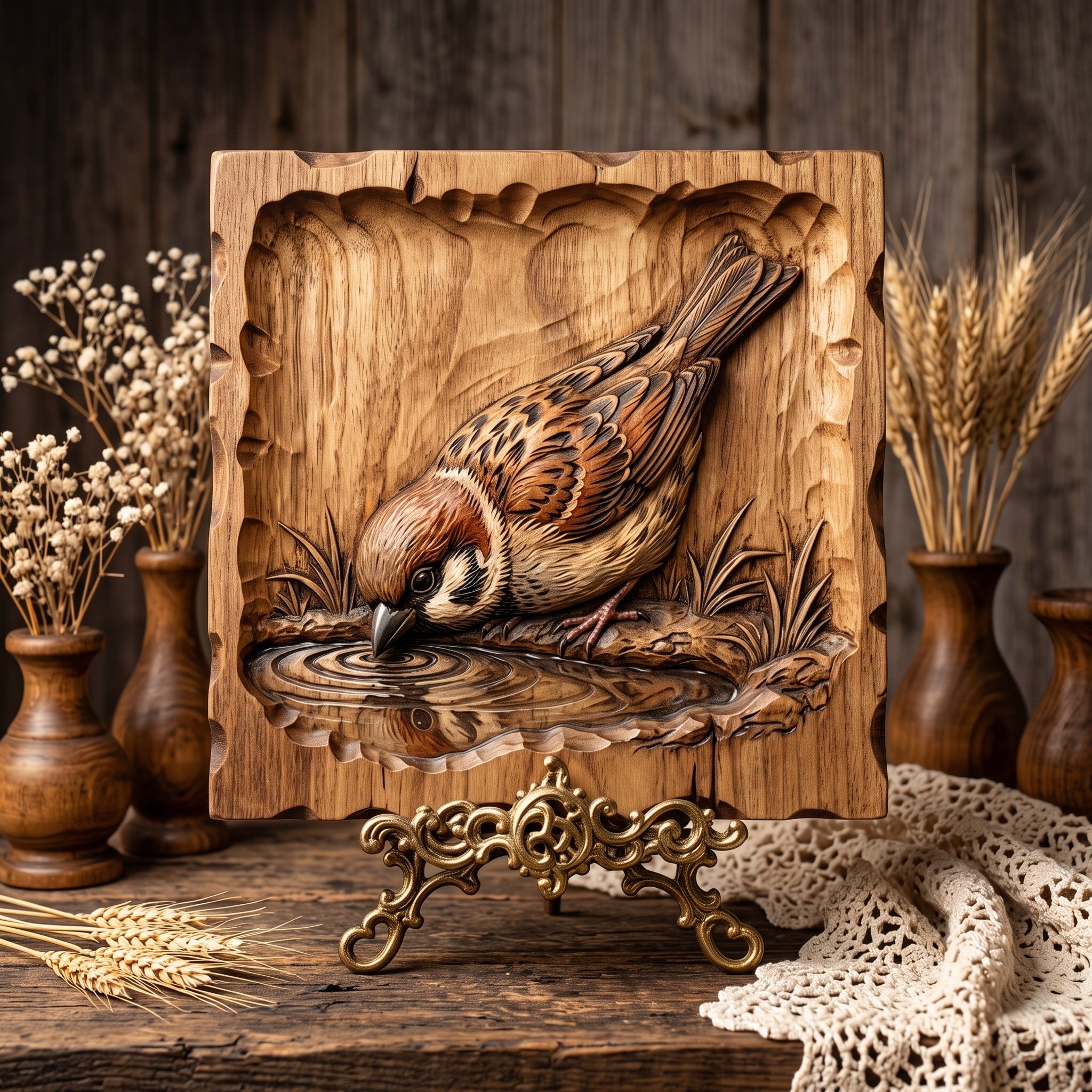 Sparrow Drinking at a Puddle Bas-Relief STL Carving bas-relief STL — view 3