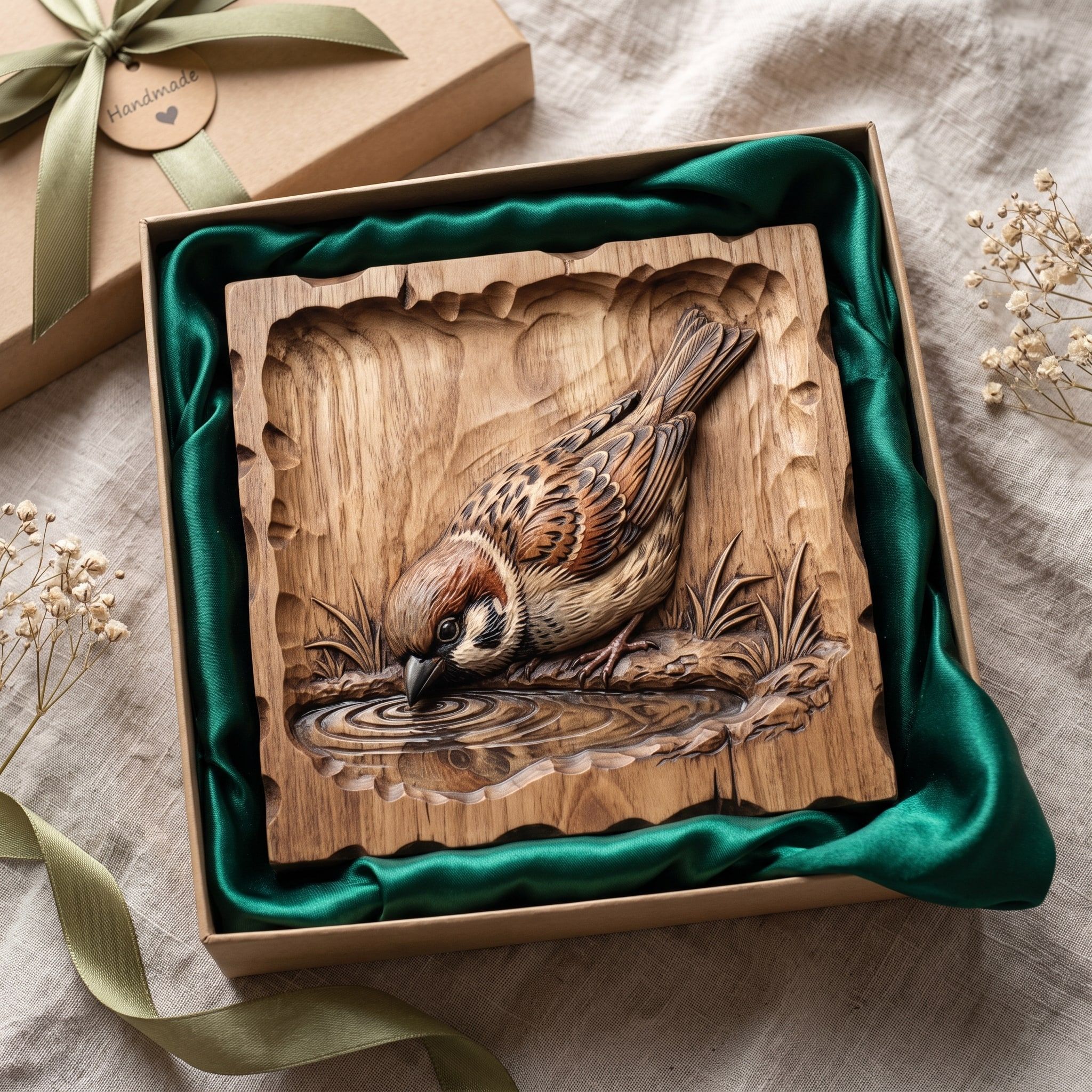 Sparrow Drinking at a Puddle Bas-Relief STL Carving bas-relief STL — view 2